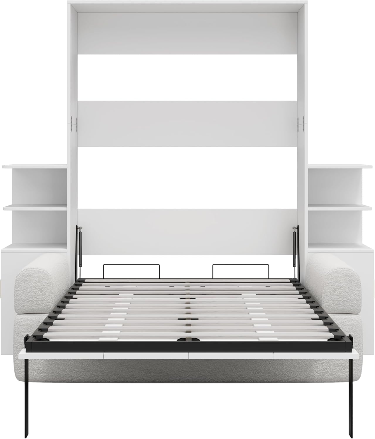 SOFTSEA Full Size Murphy Bed with Couch, Full Wall Bed Frame with Sofa and Shelves, Wood Folding Murphy Bed Cabinet for Home Office & Guest Room, White