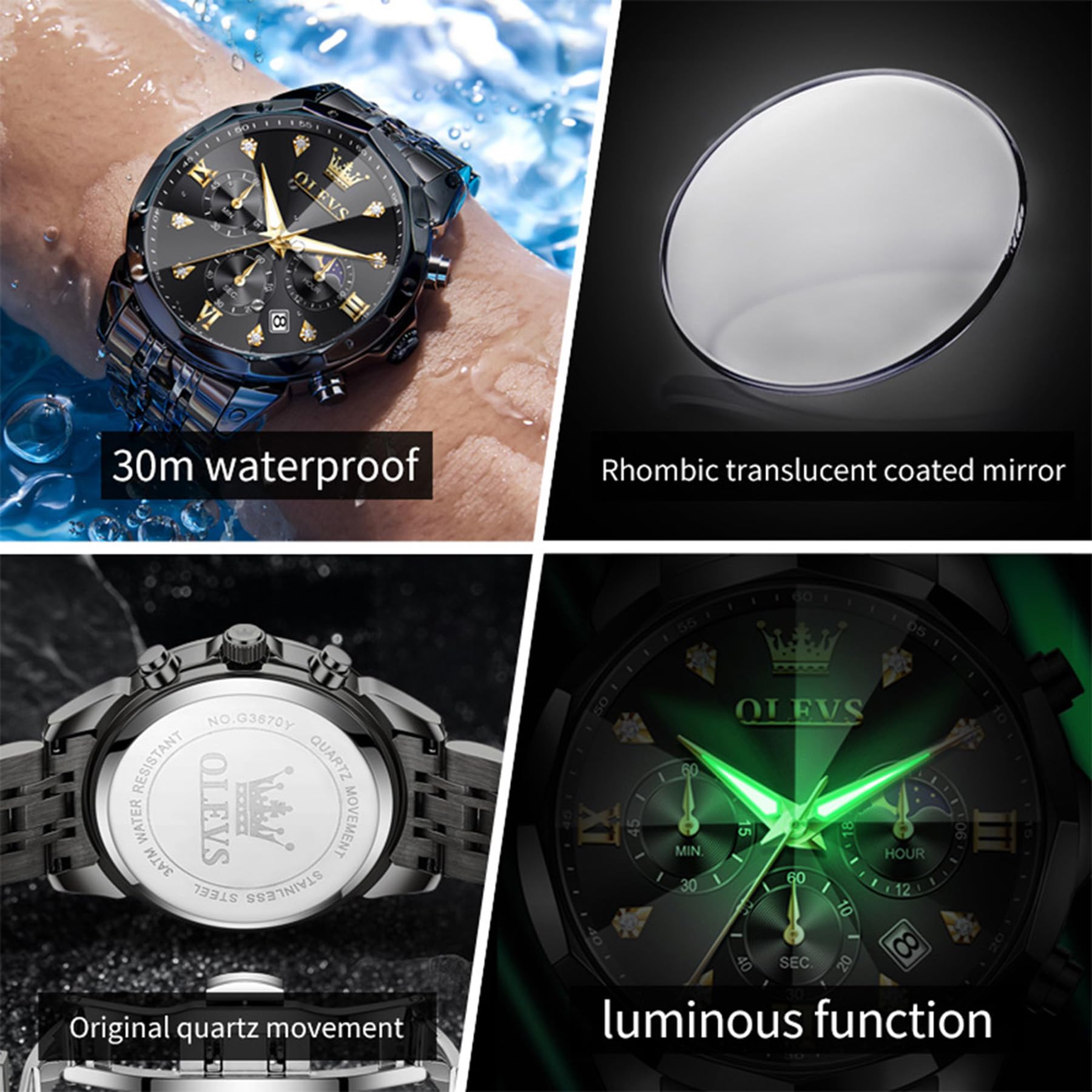 OLEVS Orologio da uomo, cronografo multifunzione con 4 contatori, lancette luminose, data, impermeabile fino a 3 ATM, cinturino in acciaio inossidabile, orologio da uomo al quarzo da uomo, H3670