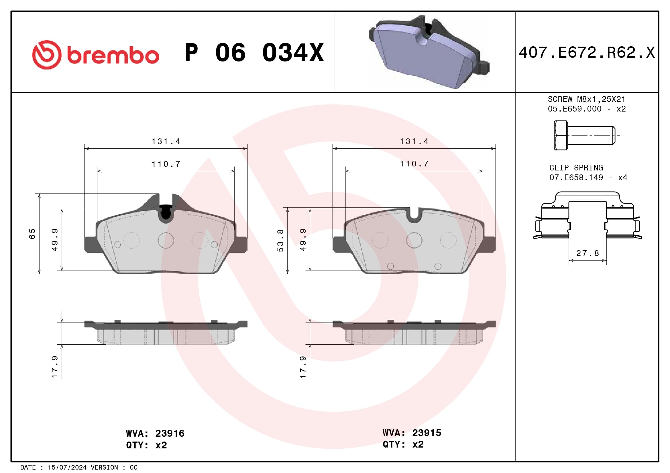Brembo P 06 034X - Pastilla de freno