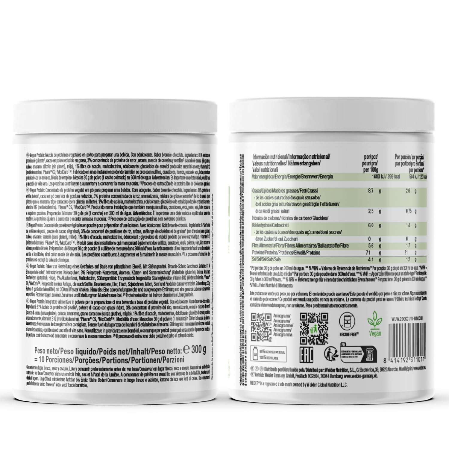 Weider Vegan Protein PACK DUO (2x300g) Goût Vanille et Chocolat. Protéines 100% Vegetal d'Isolat Pois & Riz. Avec Vitamine B12 & Stevia. Sans Gluten, Sans Sucre. Emballage 50% Recyclé, 100% Recyclable