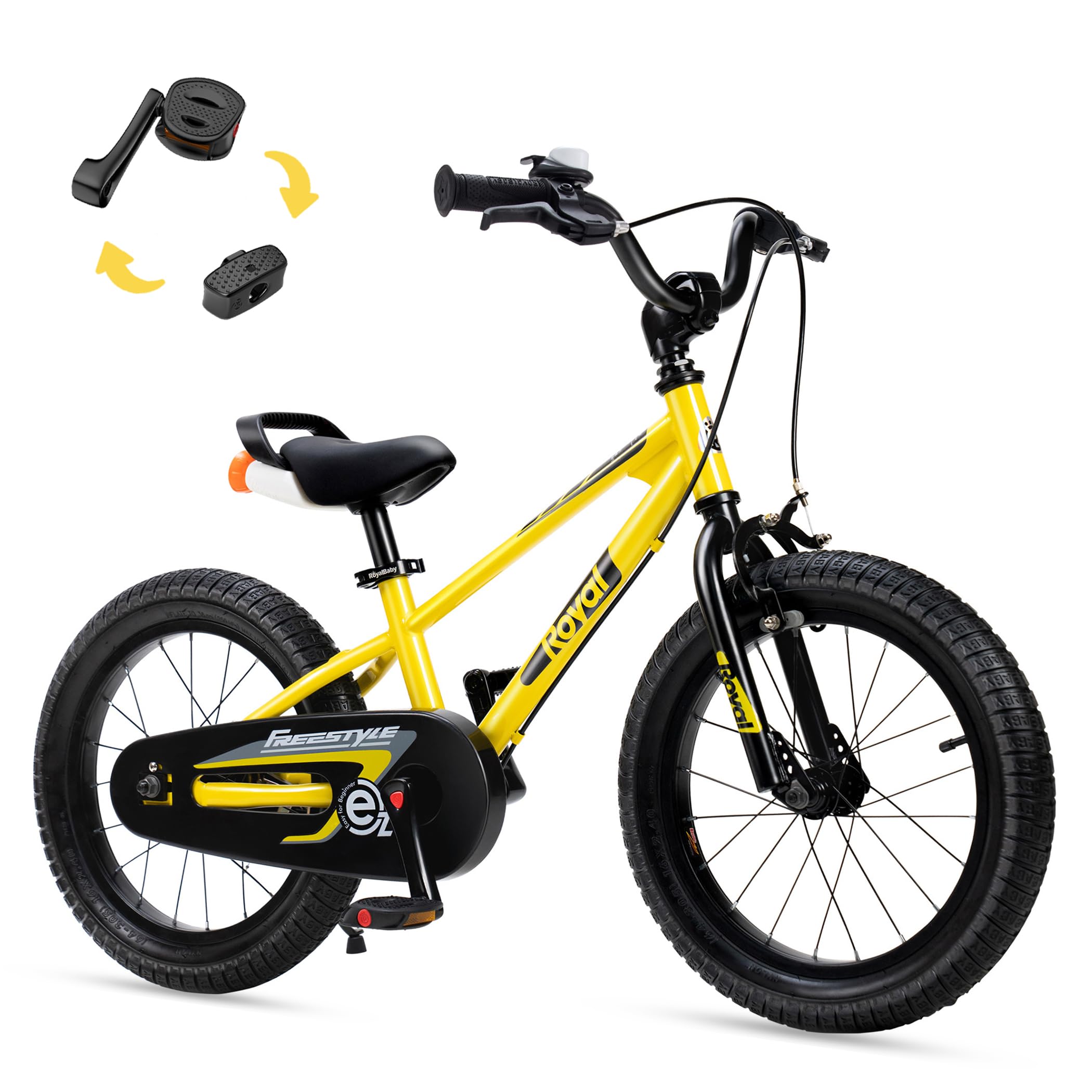 RoyalBaby EZ Kids Bike, 16 Inch Balance Pedal Convertable Bicycle, Easy Learn Balancing to Biking Boys Girls Ages 4-7 Years Beginners, 16" Wheel Yellow