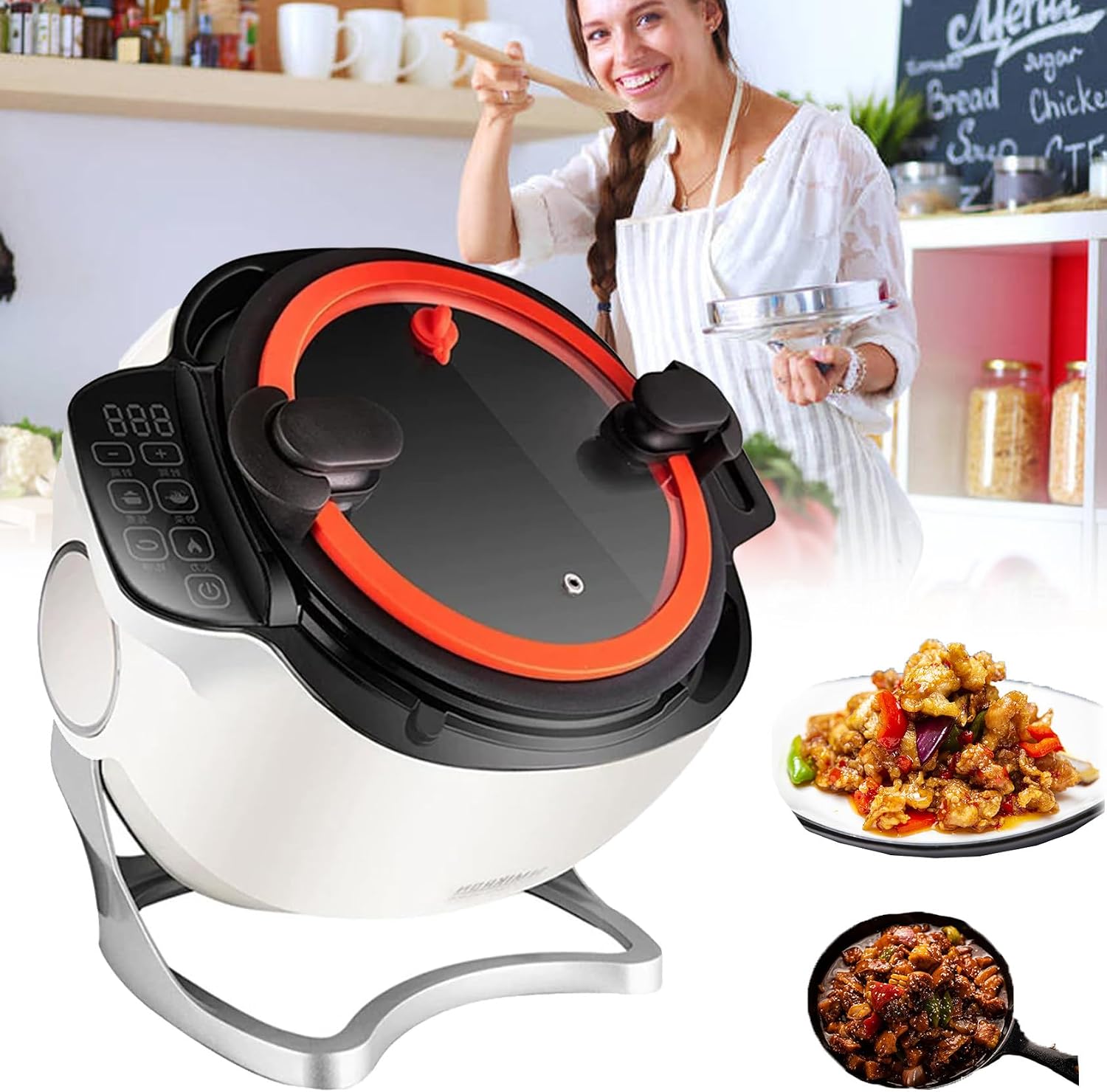 Commercial Food Processor 2000 W Intelligent Automatic Cooking Machine Intelligent Touch Screen/3-Speed Fire Setting for Commercial and Private Cooking
