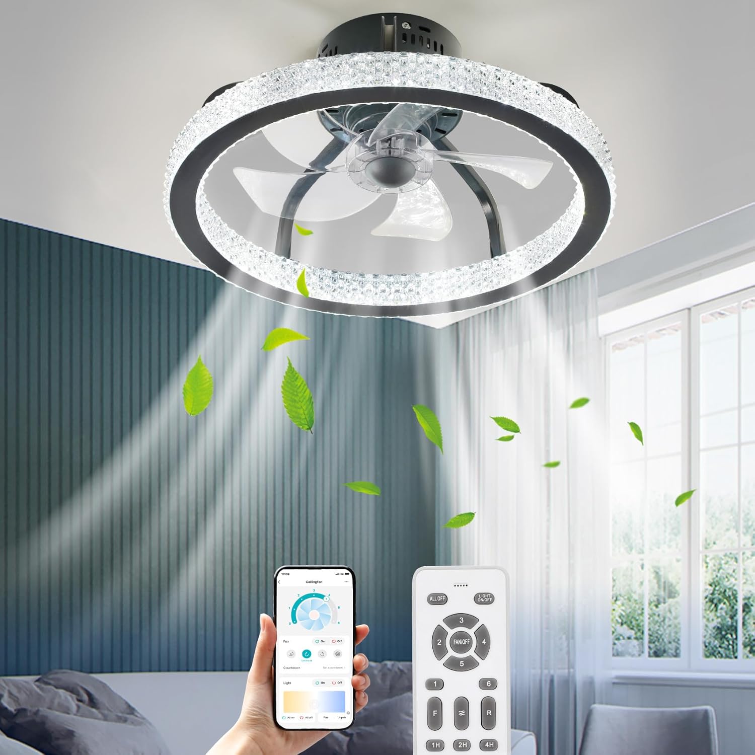 TCFUNDY Ceiling Fan with Light, 18 Inch Bluetooth Speaker Low Profile Ceiling Fan Lights with LED RGB, Dimmable, 6 Wind Speeds Reversible Blades, Remote Control and APP Control, Semi Flush Mount Fan