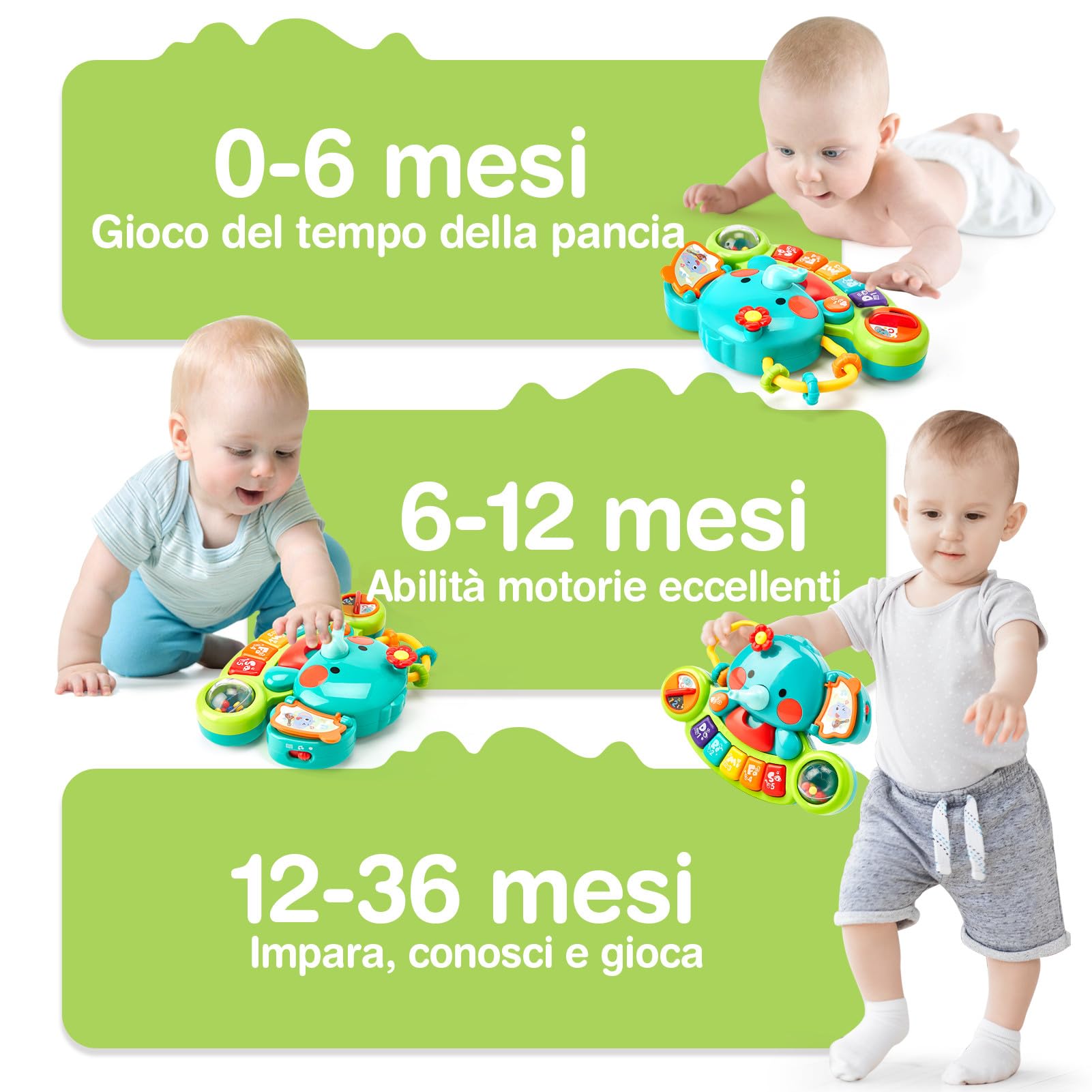 hahaland Giochi Musicali Bambini 6 Mesi - Giocattolo Attività Pianoforte Elefante con Musica e Luci, Pianola Neonato 6 9 12 Mesi Tastiera Educativa Neonata 1 anno
