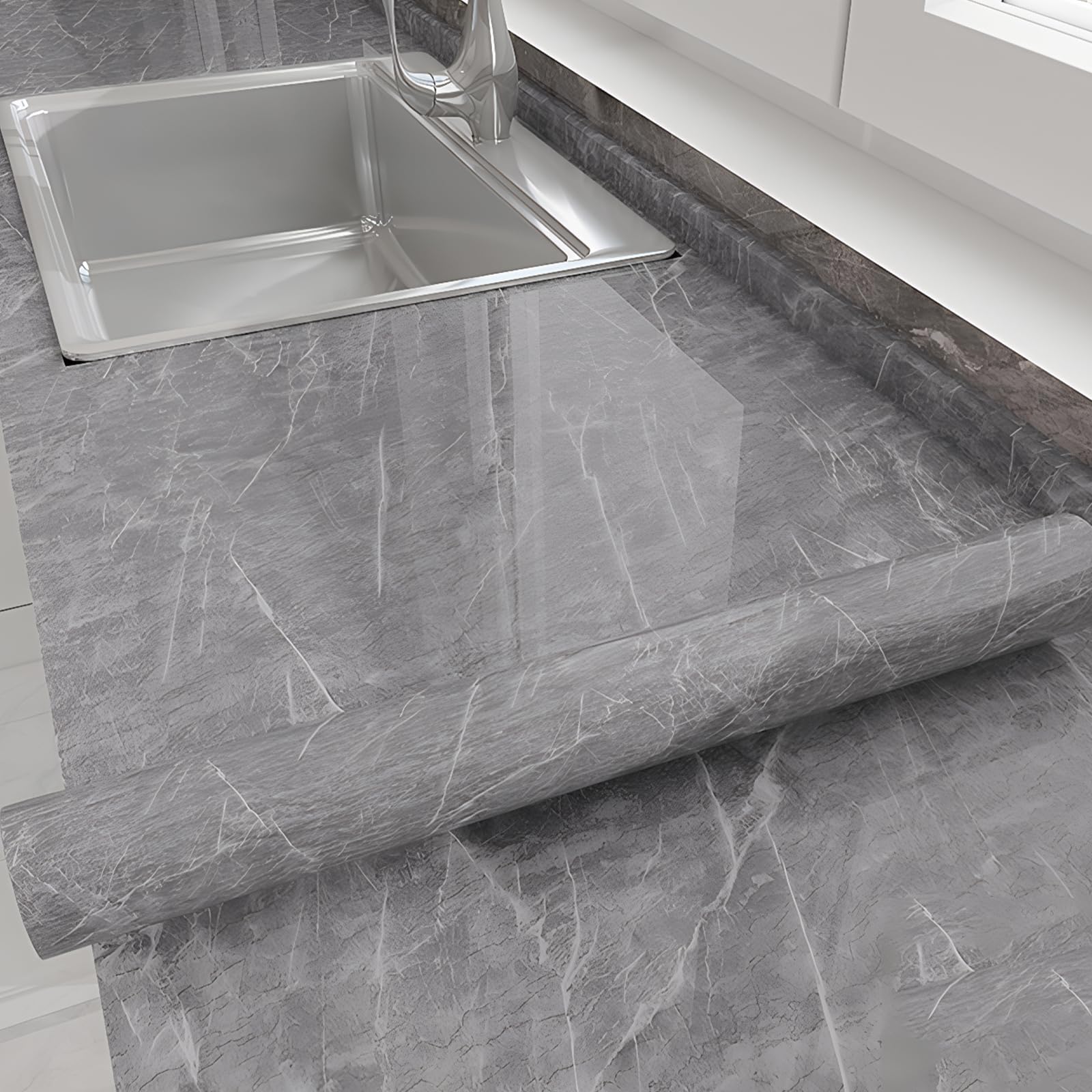 Grey Marble Vinyl Wrap Sticky, Marble Vinyl Wrap, 40cm×10m Self Adhesive, Waterproof Greaseproof Scratch-Resistant Wrap Roll for Kitchen Worktop, Furniture, Cupboard