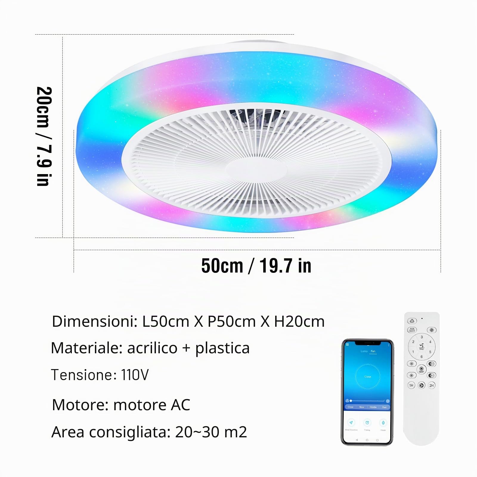 Ventilatore da Soffitto con Luce RGB, 50cm Lampadario Ventilatore Silenzioso LED Dimmerabile, Telecomando e APP, 6 Velocità, Timer, RGB Plafoniera Ventilatori per Camera da Letto Soggiorno