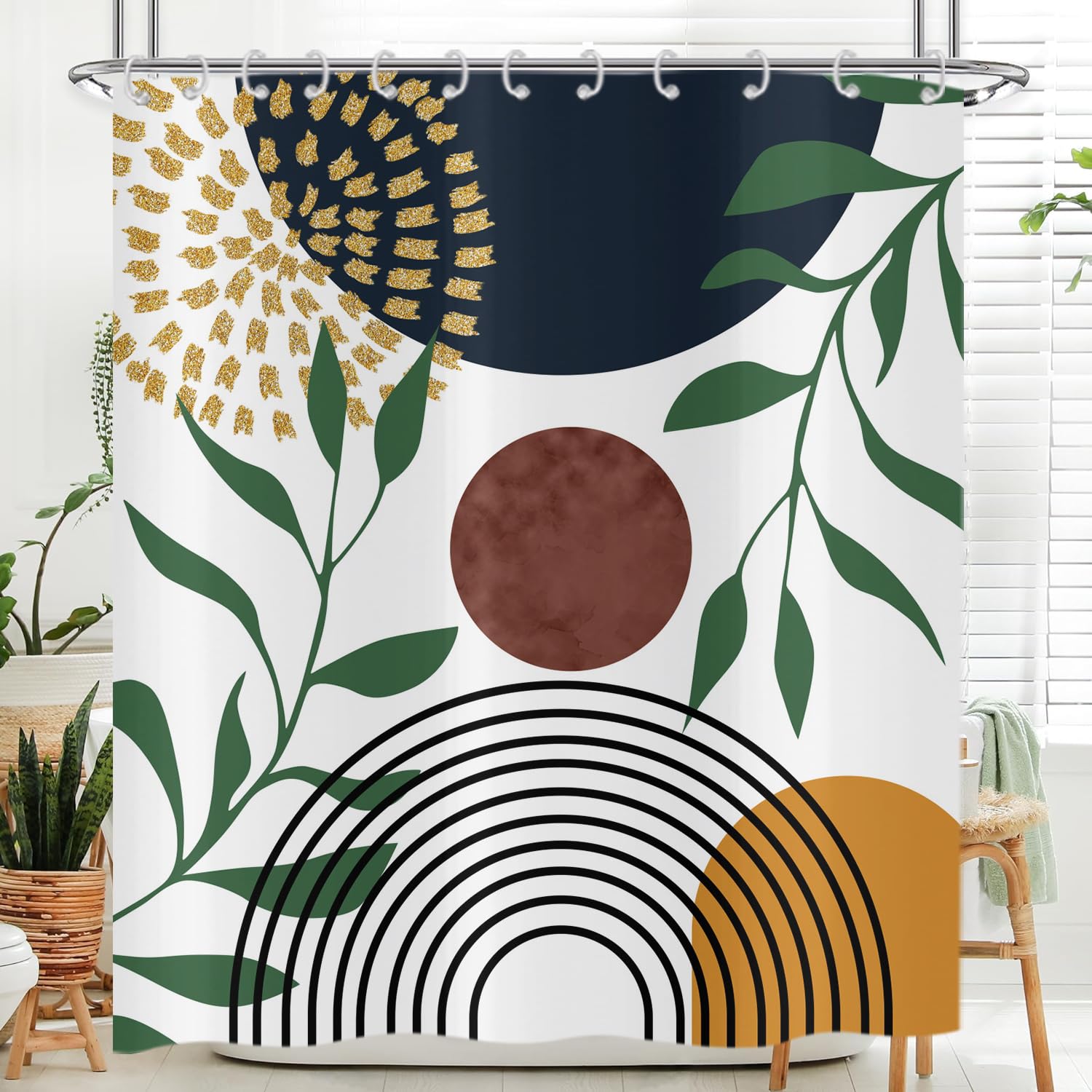 Hnmdmyi Boho Shower Curtain 180x220, Mid Century Abstract Green Leaves Arch Sun Modern Geometric Minimalist Aesthetic Art Bathroom Shower Curtains Waterproof Polyester Fabric Washable Bath Curtains — image 1