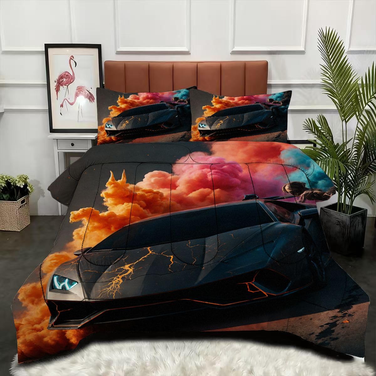 Couette 200x200 Voiture de Sport 3D avec 2 taies d'oreiller en microfibre pour lit 2 personnes
