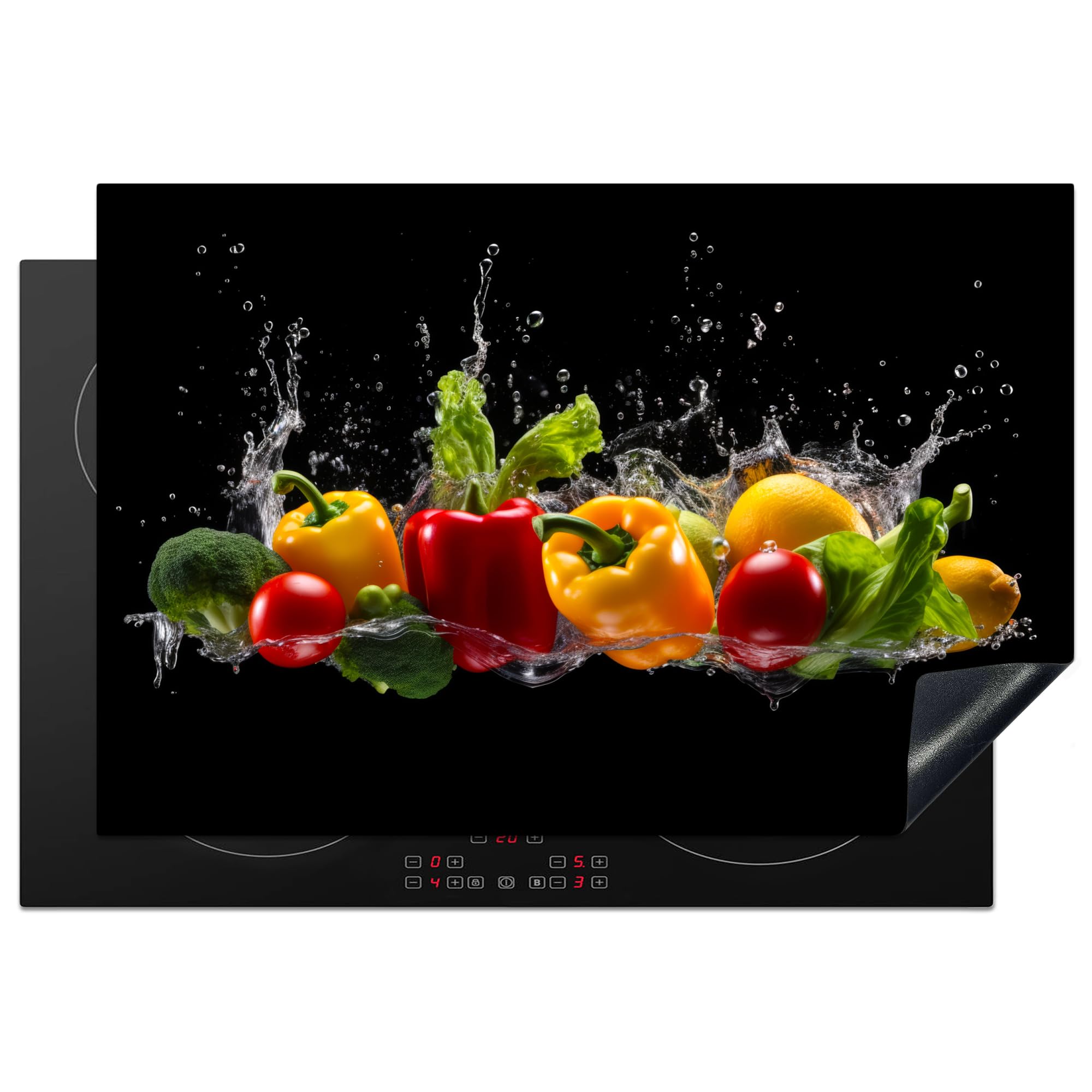 KitchenYeah© Induction Hob Protector Mat 20.1"x30.3" / 77x51 cm Cooker Top Protectors Cover Ceramic Covers Electric Hobs Vinyl Sweet Pepper - Water - Vegetable - Black