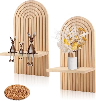 Boho Shelf Wall Decor Set of 2, Modern Arched Wooden Hanging Shelves Rainbow Wall Candle Holder Wood Bohemian Floating Shelves for Bathroom Nursery BedroomColorWood
