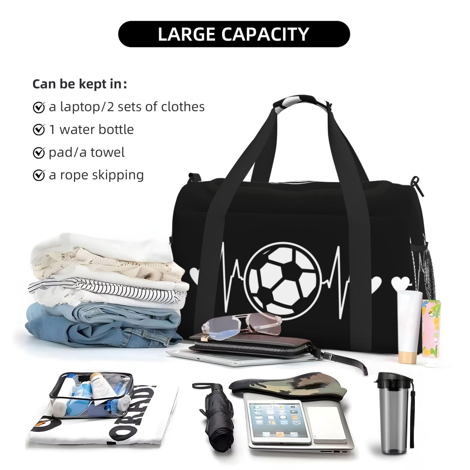 'I Love Soccer Travel Duffel' torba sportowa duża składana wodoodporna torba na noc plaża torby pływackie basen sport siłownia