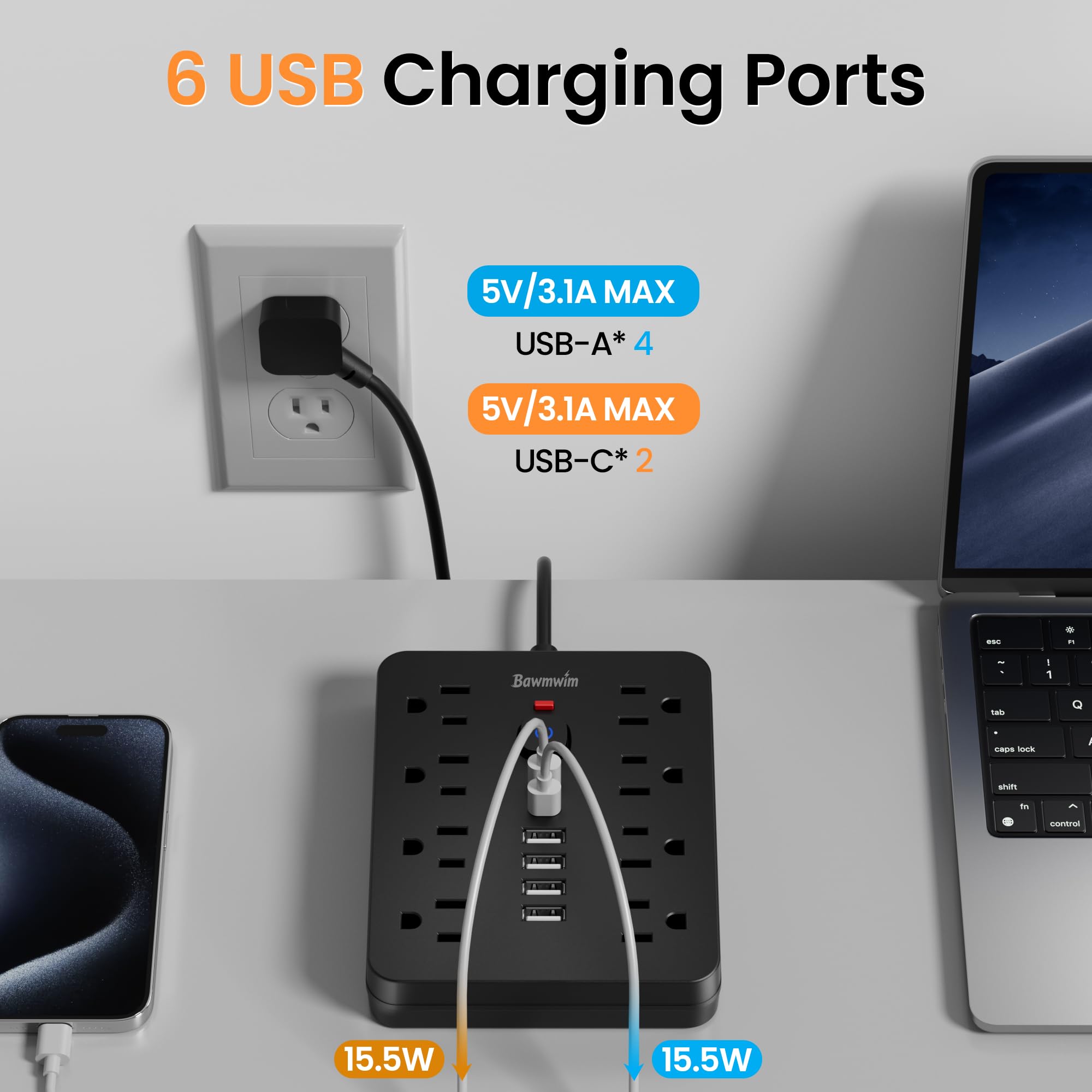 Regleta de alimentación con protector de sobretensión, 8 salidas (1250 W/10 A), 6 puertos de carga USB (2 USB C), cable de extensión de enchufe plano de 6 pies con protección contra