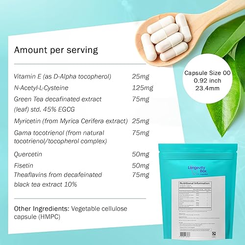 Miniatura 7 de Senolytic Anti-Aging Supplement Fisetin, Quercetin,NAC, Gamma Tocotrienols 8-in-1 Cellular Regeneration & Longevity Formula Boost Energy, Mental