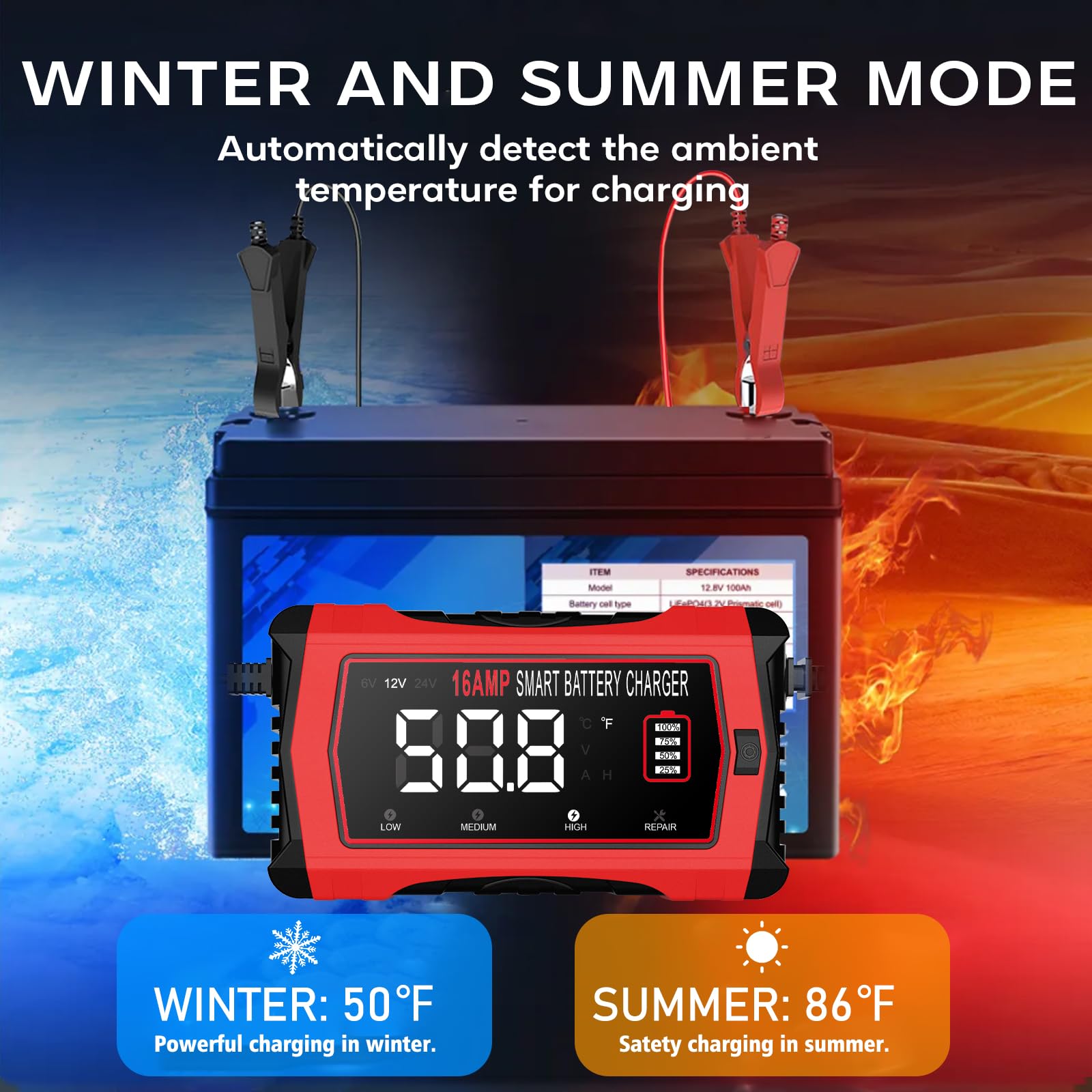 Caricabatterie LiFePO4 da 16 A, 12 V e 24 V, mantenitore intelligente per auto con 10 fasi e compensazione della temperatura