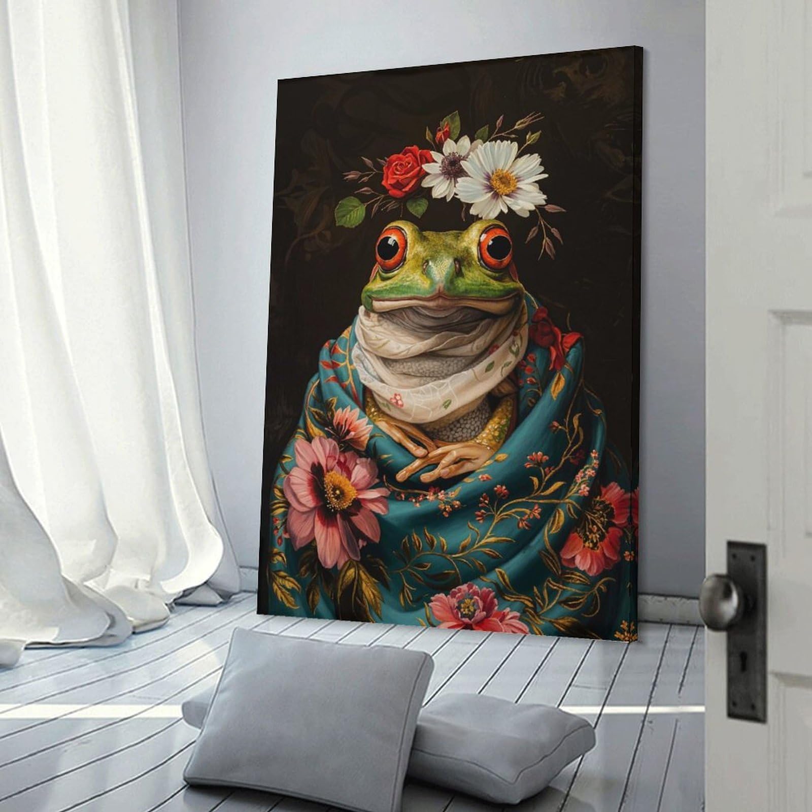Junmoney Canvas Wall Picture Frog with Flowers, 20x30inch(50x75cm), for Home Lounge, Bedroom Or Reading Nook, A Home Accent with Warm Character