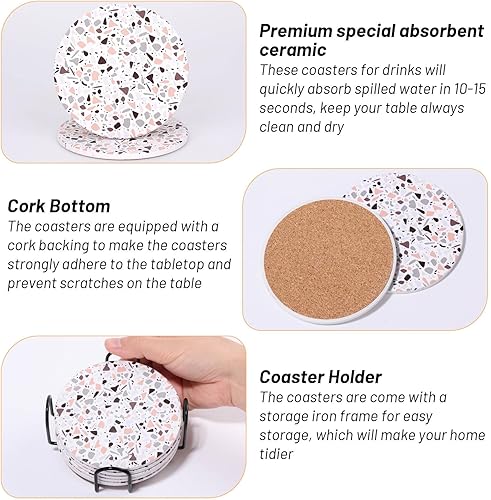 Vista 5 de Acejoz Posavasos con soporte, juego de 6, diseño de terrazo, cerámica, redondo, 4 pulgadas Patrón de terrazo