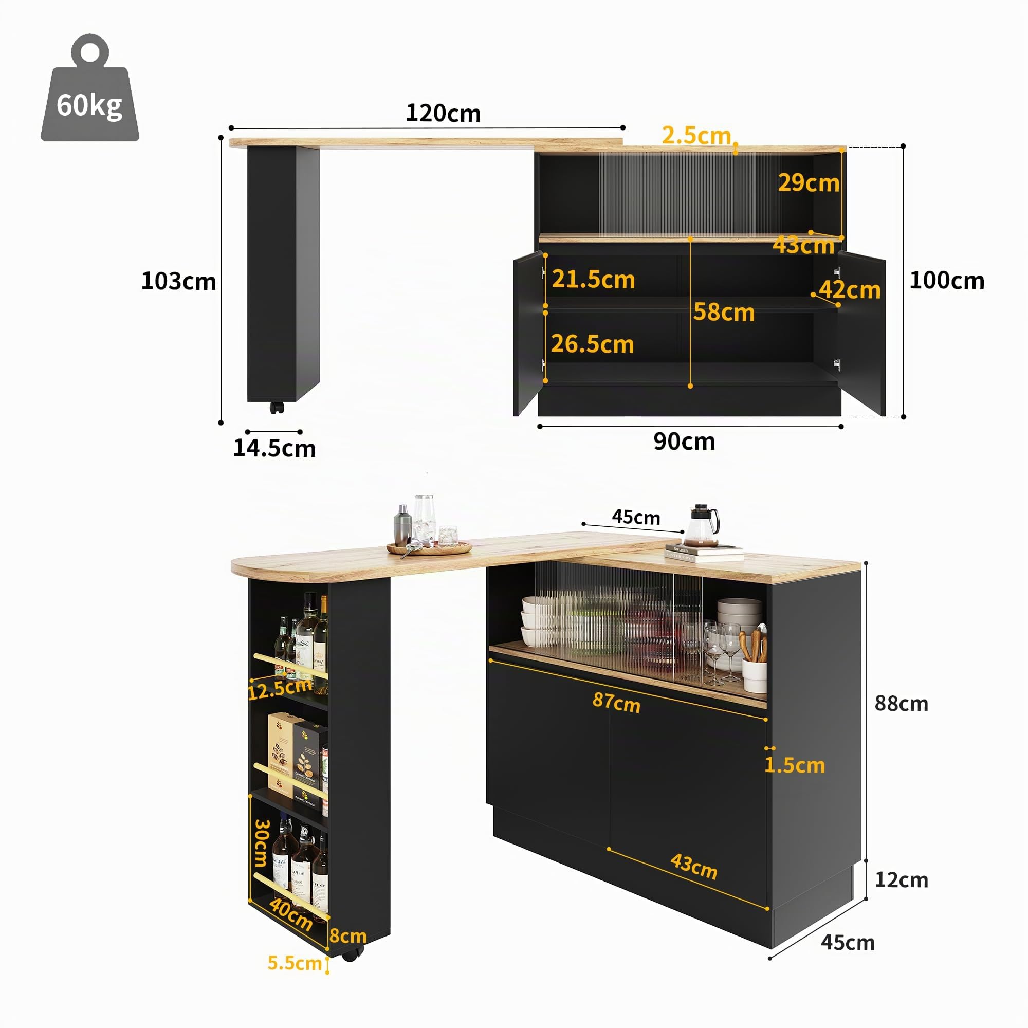Comestible giratorio 360° (cuerpo principal 90 x 45 x 100 cm), moderno, simple, multifuncional, giratorio con estantes y cristal, adecuado para cocinas y restaurantes (negro)