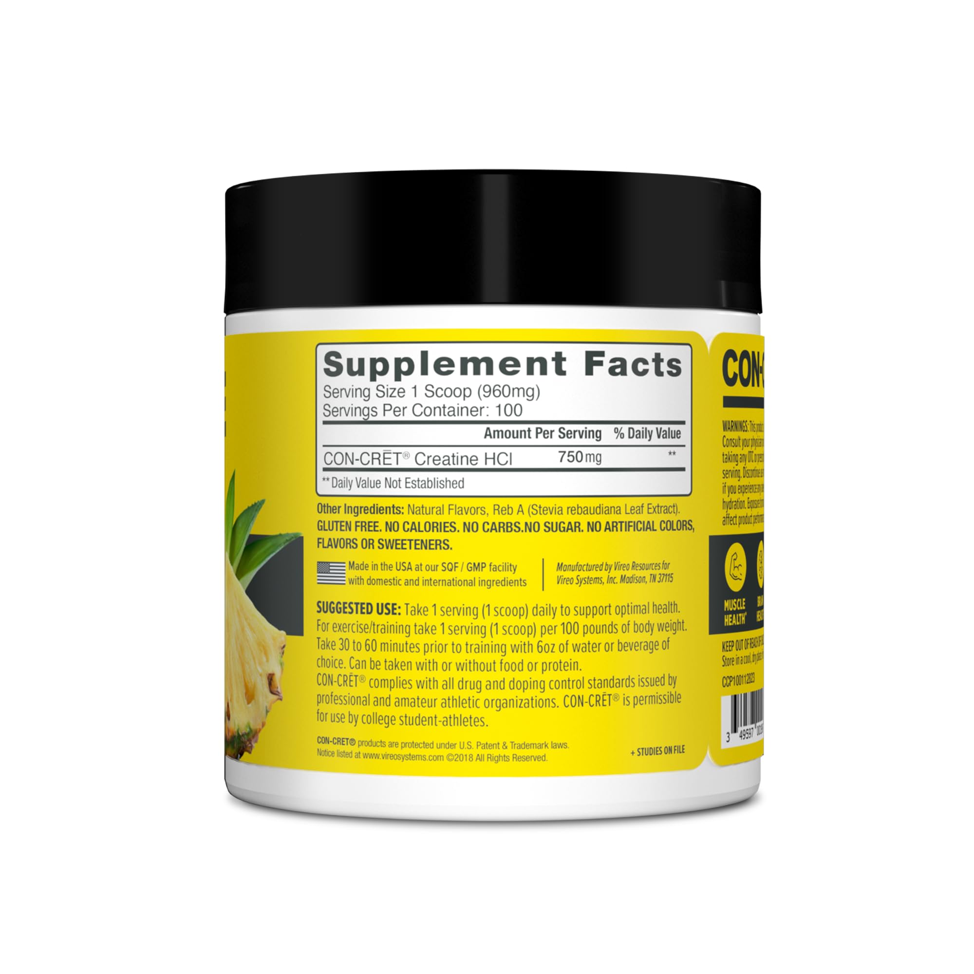CON-CRET Creatine HCl Powder | Muscle, Cognitive, Cellular Energy Support | No Bloating or Cramps | USA Made & NSF Certified | Pineapple (100 Serving)