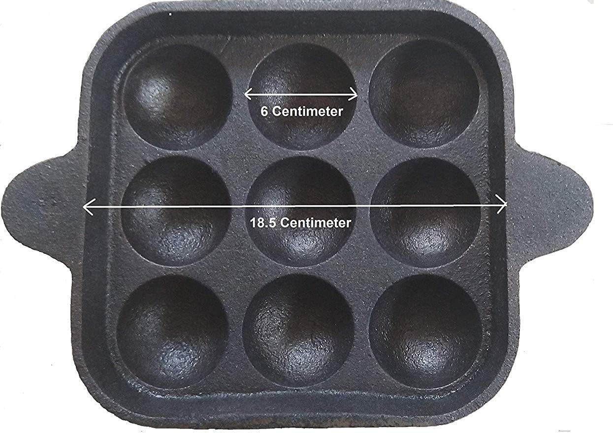 Bharath Agencies 9 Cavity - Paddu Tawa - Appam Patra - Paniyarakkal - Kuzhi Paniyaram Pre-Seasoned With Sesame Oil - Cast Iron, Black