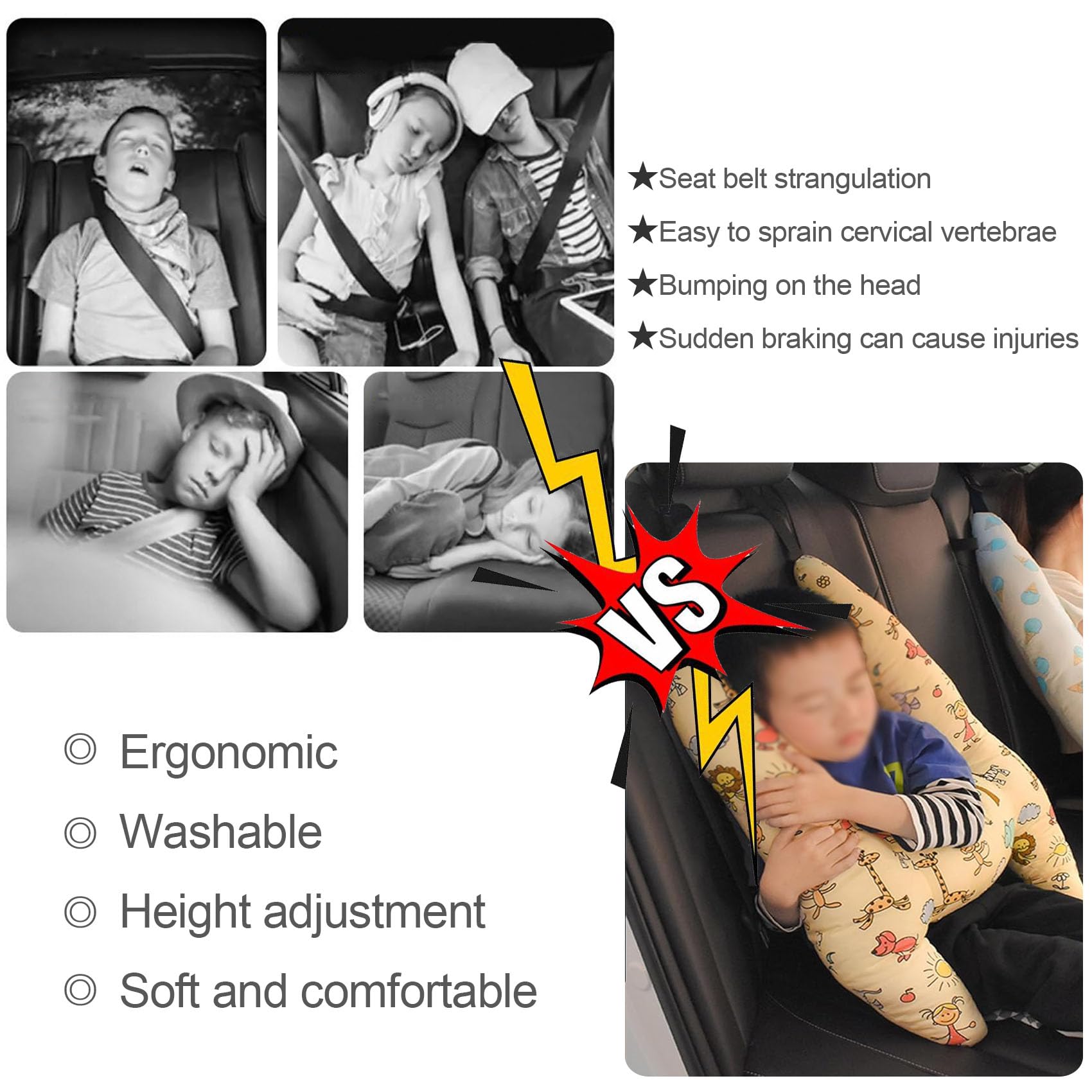 Oreillers de Voiture en Forme de H pour Enfants, Sangle de Ceinture de sécurité, Soutien de la tête et du Cou, Confort de Voyage, Coussin d'appui-tête pour garçons et Filles,A-70 * 55CM