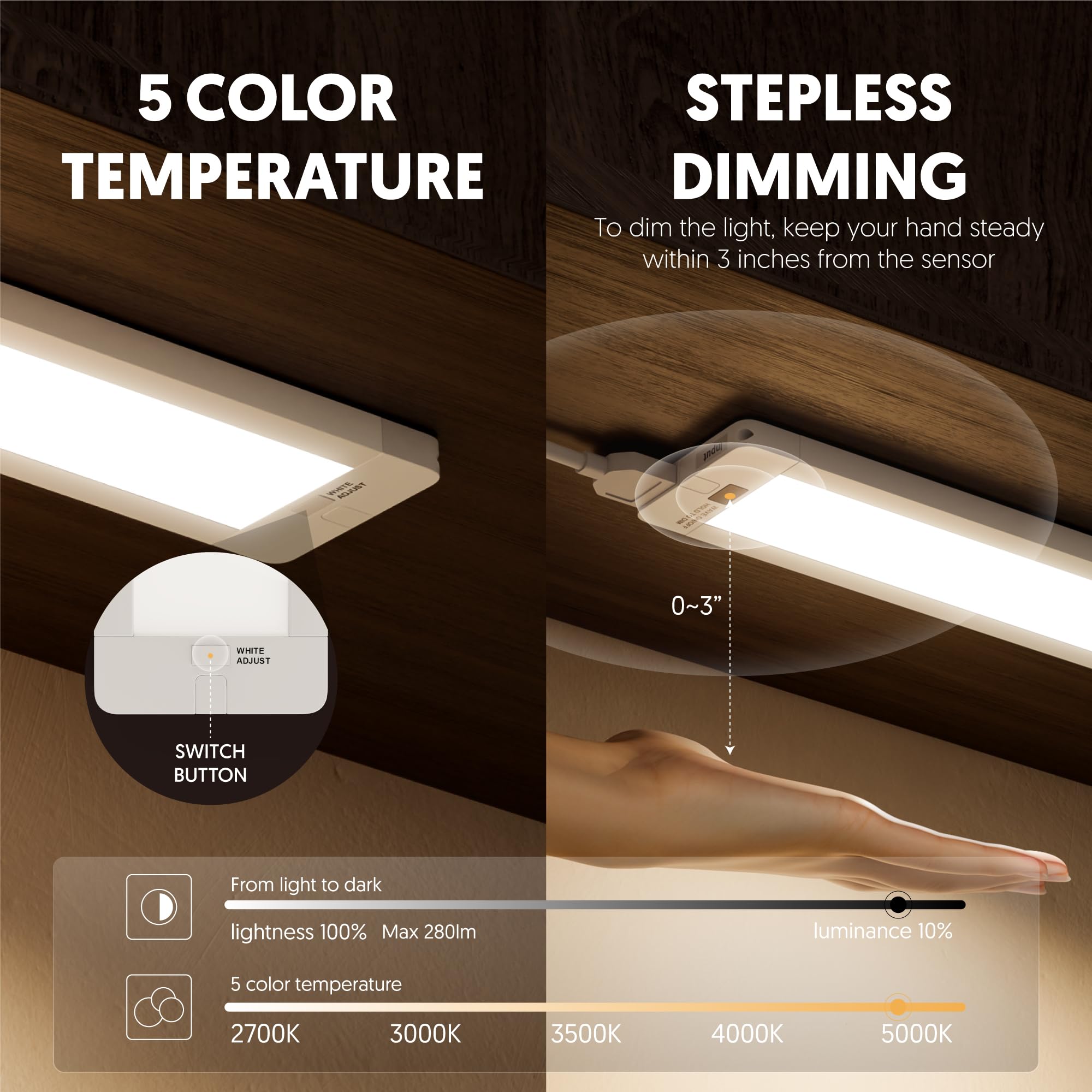 LROLTEF Under Cabinet Light 3 Pack, 11 Inch LED Motion Sensor Lights with Hand Wave, Led Under Cabinet Lighting 5 Color Temperatures Dimmable Light
