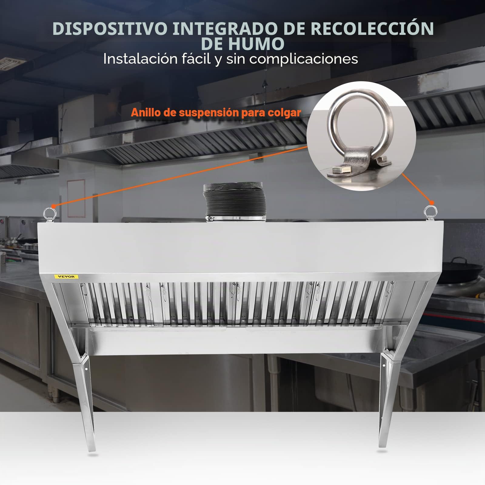 VEVOR Campana extractora comercial de 8 pies para camión de alimentos, capó de remolque de acero inoxidable 201 con 4 rejillas de filtro de aceite extraíbles en forma de U, campana de ventilación