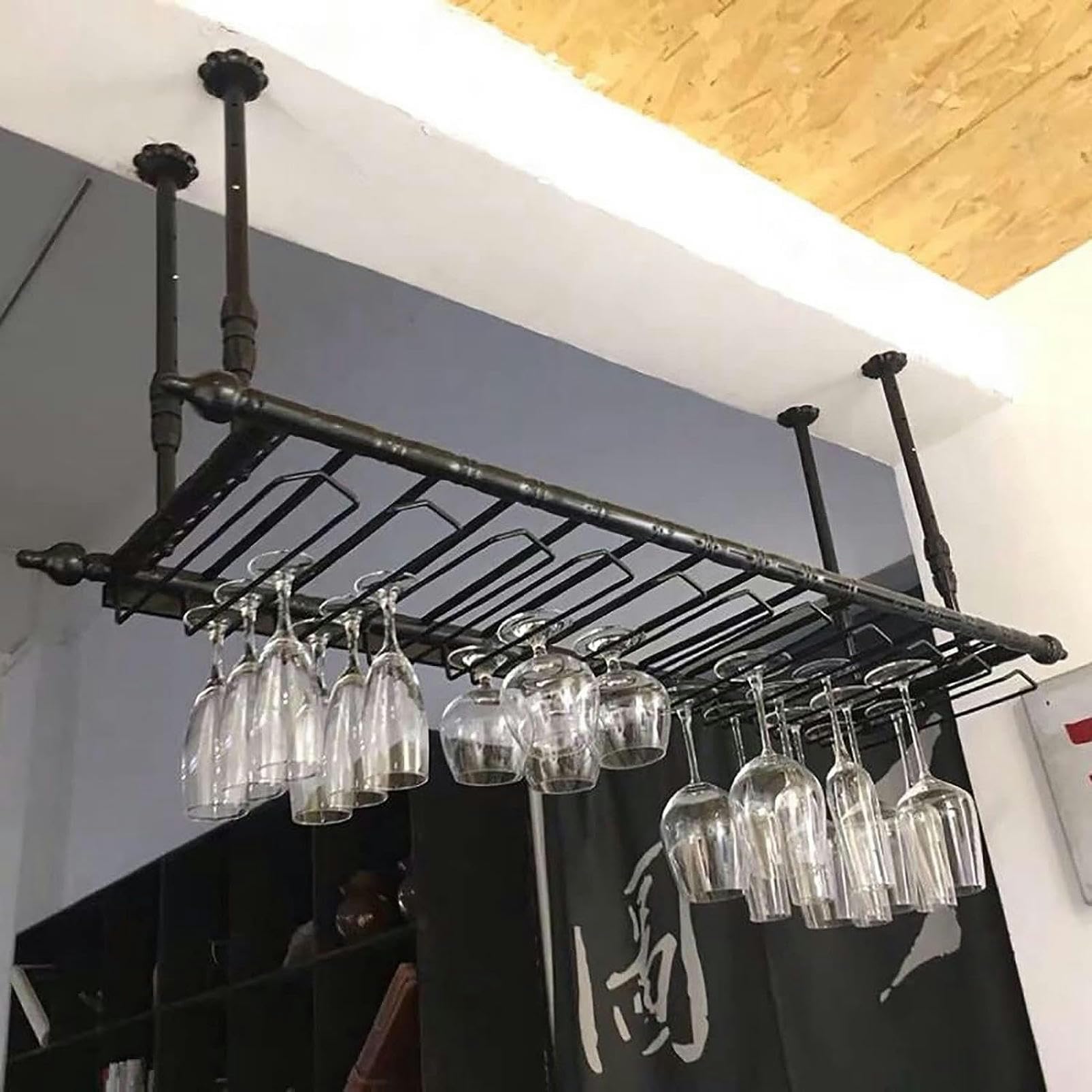 Casier à vin réglable en hauteur avec porte-verre suspendu pour plafond