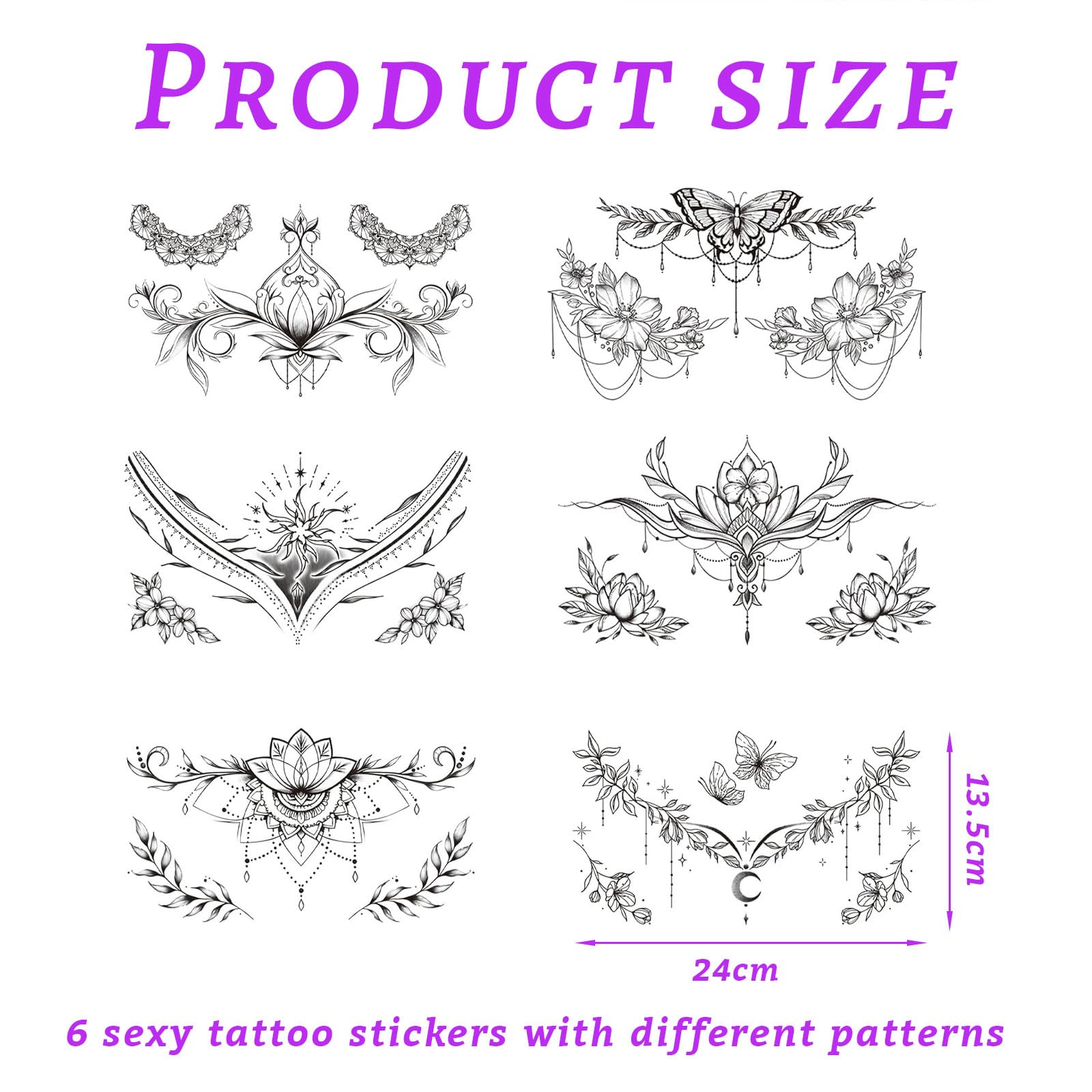 VelvetGlow 6 Sheets Large Black Flower Chest Underboob Temporary Tattoos For Women and Waist Back Fake Tattoos for Girl Adults Realistic Mandala Flower Branch Tattoo Stickers Body Art - Image 2