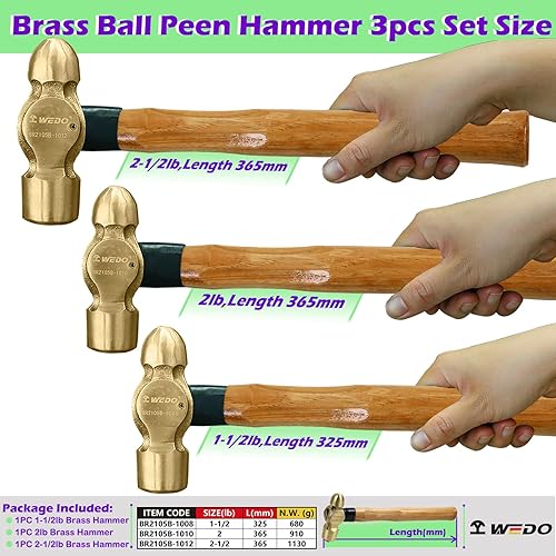 Miniatura 8 de WEDO Juego de martillo de bola de latón de 2 piezas, 8 onzas + 12 onzas (12 lb+34 libras), juego de martillo de bola de latón con mango de fibra de