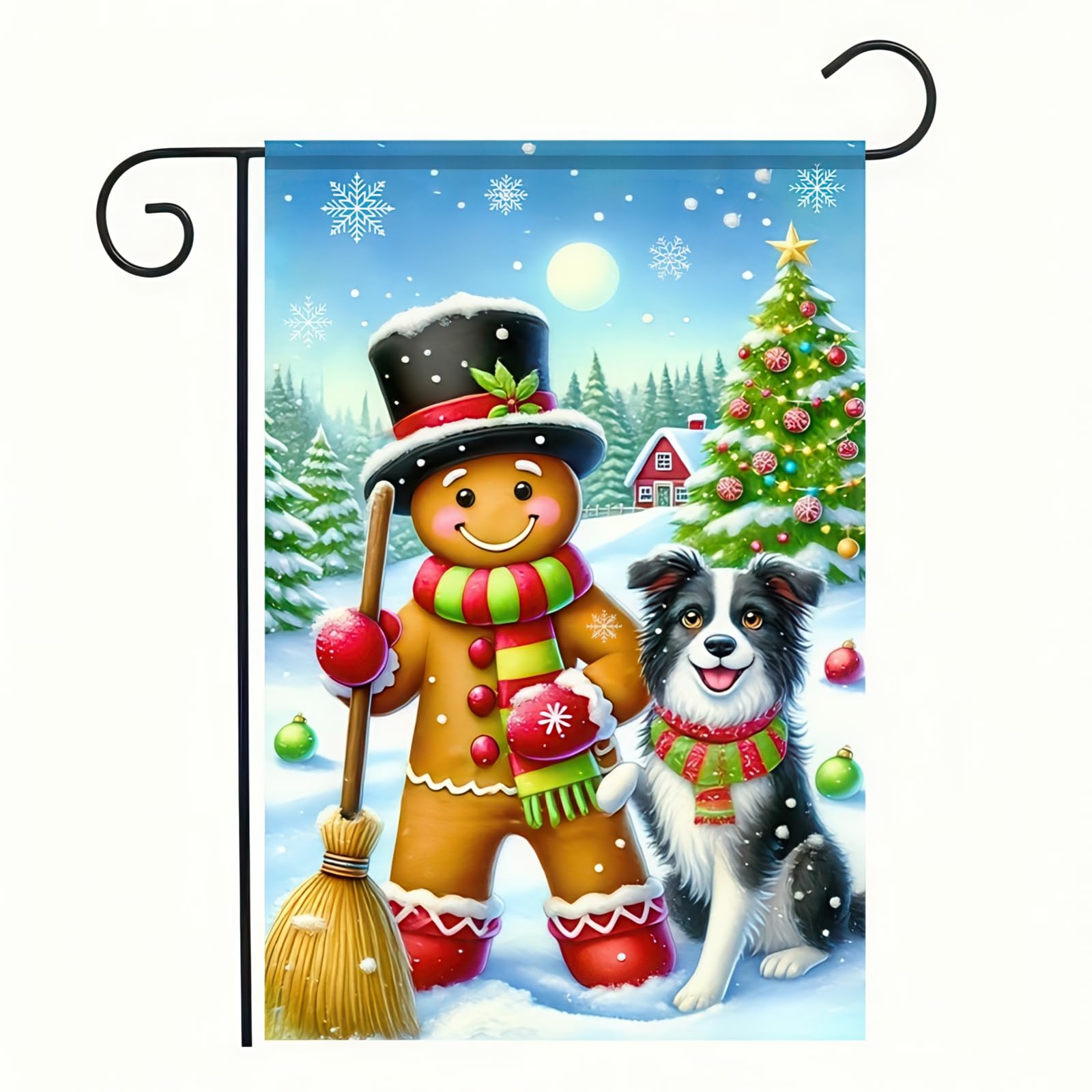 Merry Christmas Garden Flag 12x18 Double Sided Gingerbread Garden Flag with Cute Border Collie Christmas Decorations Banner Outdoor Flag for Decorative House Flag Gingerbread Man Decor Banner
