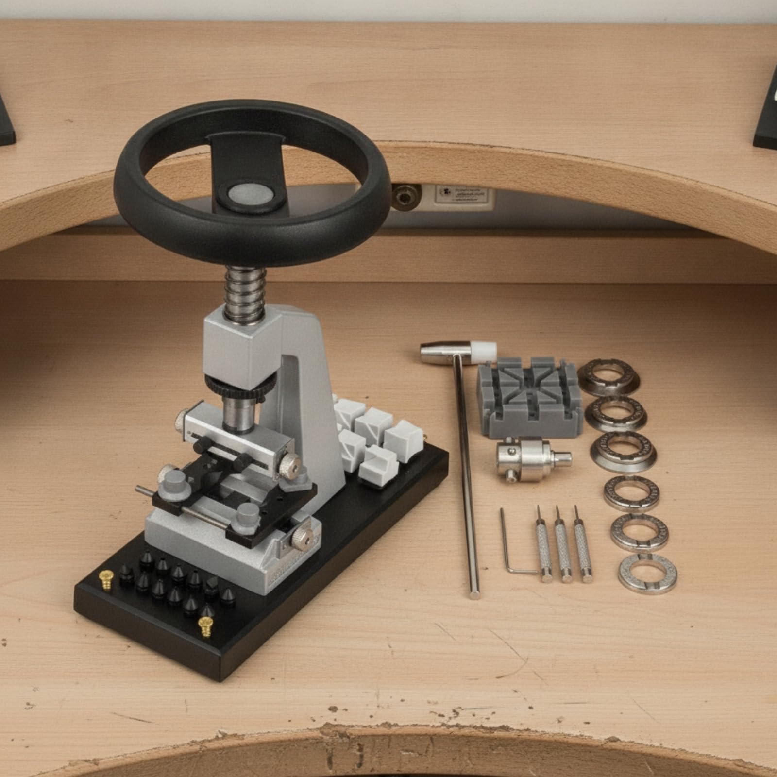 Set di Riparazione Orologi con Chiudi-Cassa da Banco Apricasse Manuale Pressa per Orologiai, Hobbisti, Laboratorio