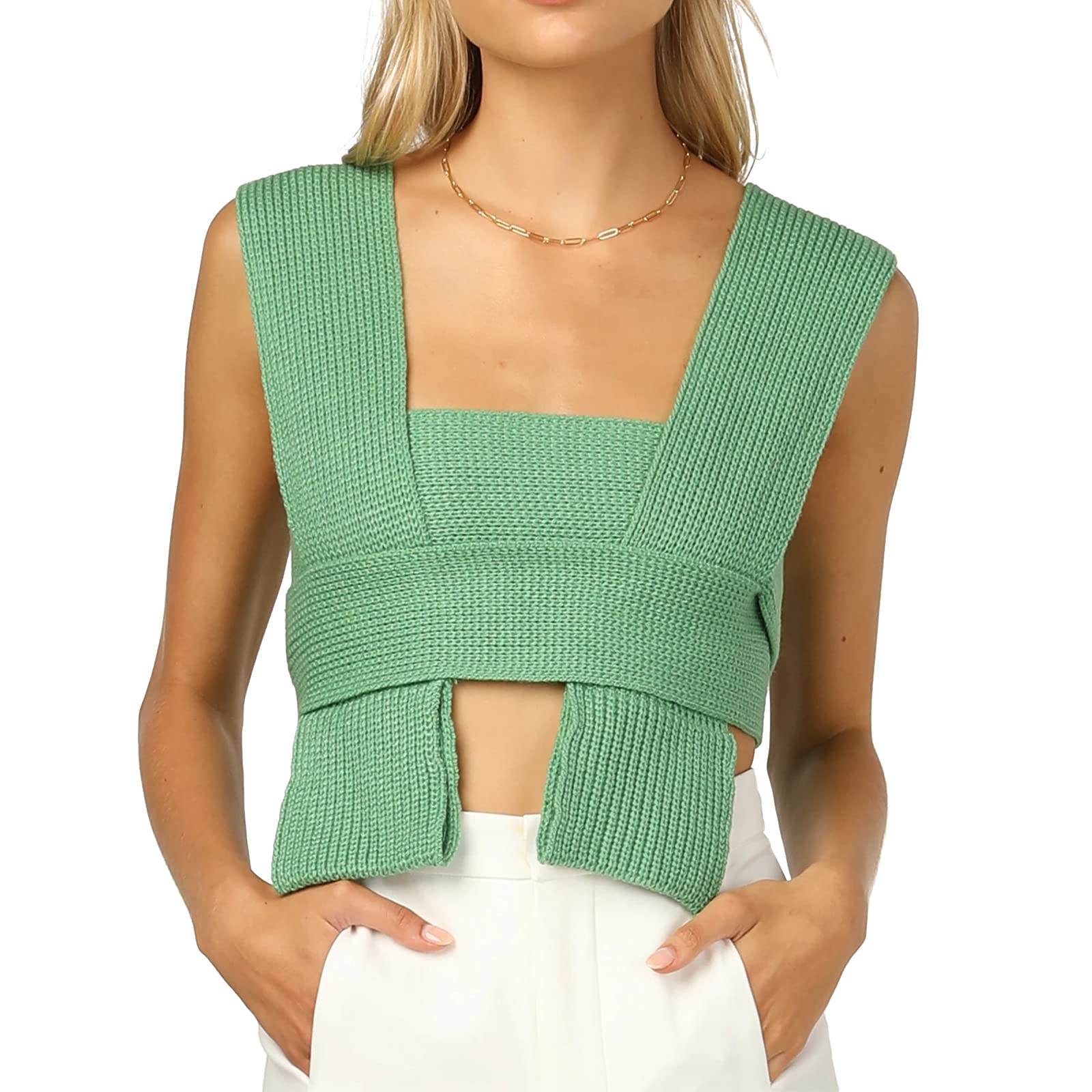 ISZPLUSHWomen’s Crop Sweater Top Sleeveless Tie Strappy Backless Knitted V Neck Casual Jumper Crop Tank Cami Vest Top