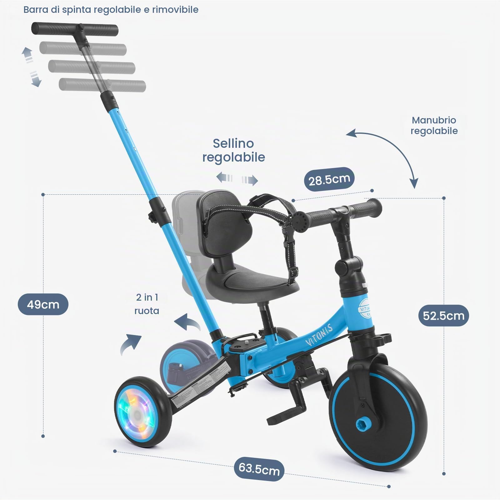 VITONIS Triciclo 5 in 1 per bambini dai 18 mesi ai 3 anni, con ruote lampeggianti, maniglione di spinta, schienale e cintura di sicurezza, regalo per bambini e bambine, bicicletta senza pedali, blu