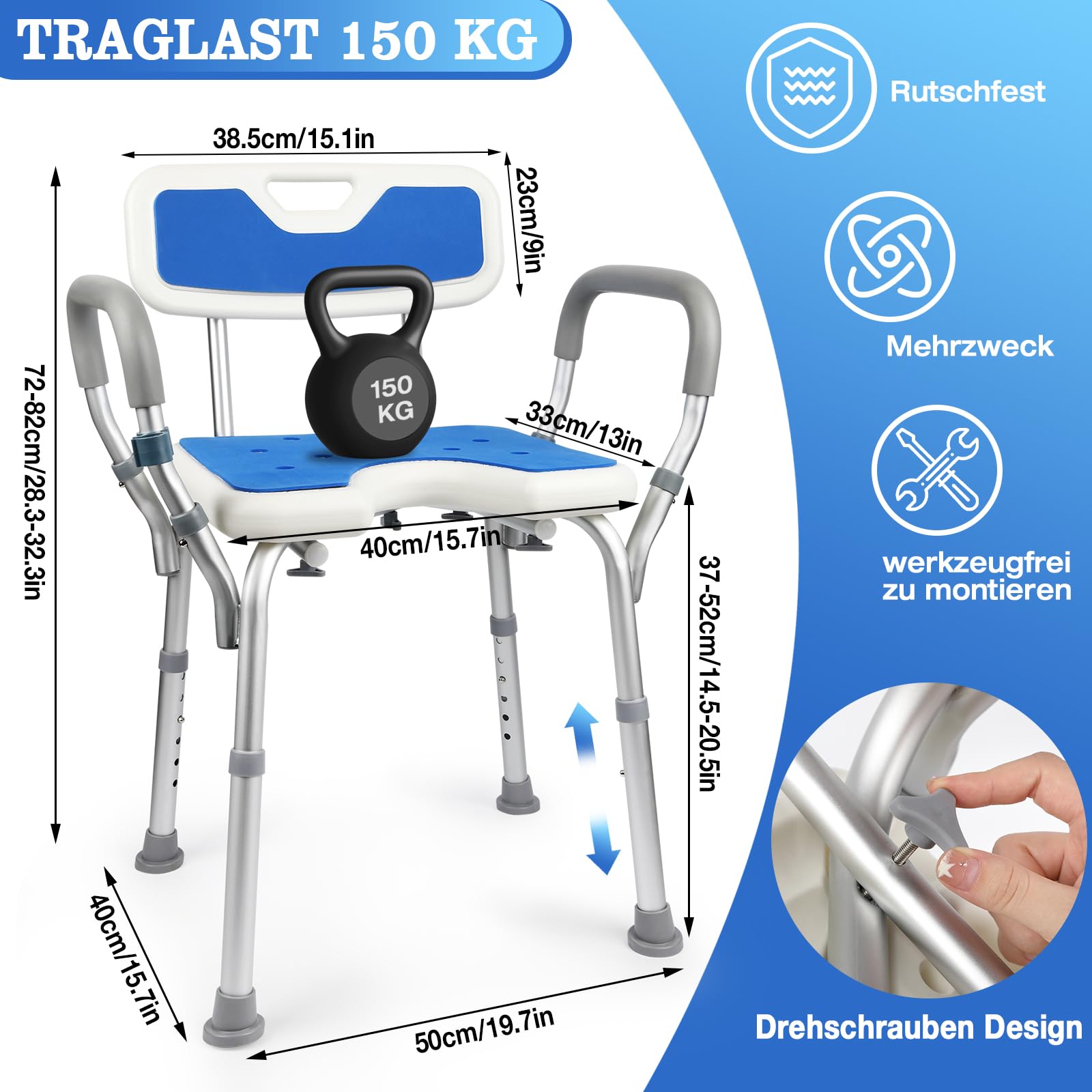 Duschstuhl, Duschhocker für Senioren, rutschfest Duschstuhl mit Armlehnen, Höhenverstellbar Duschstuhl für Senioren Aluminium Duschsitz Tragfähigkeit von 150kg, Duschhilfe für Senioren Blau