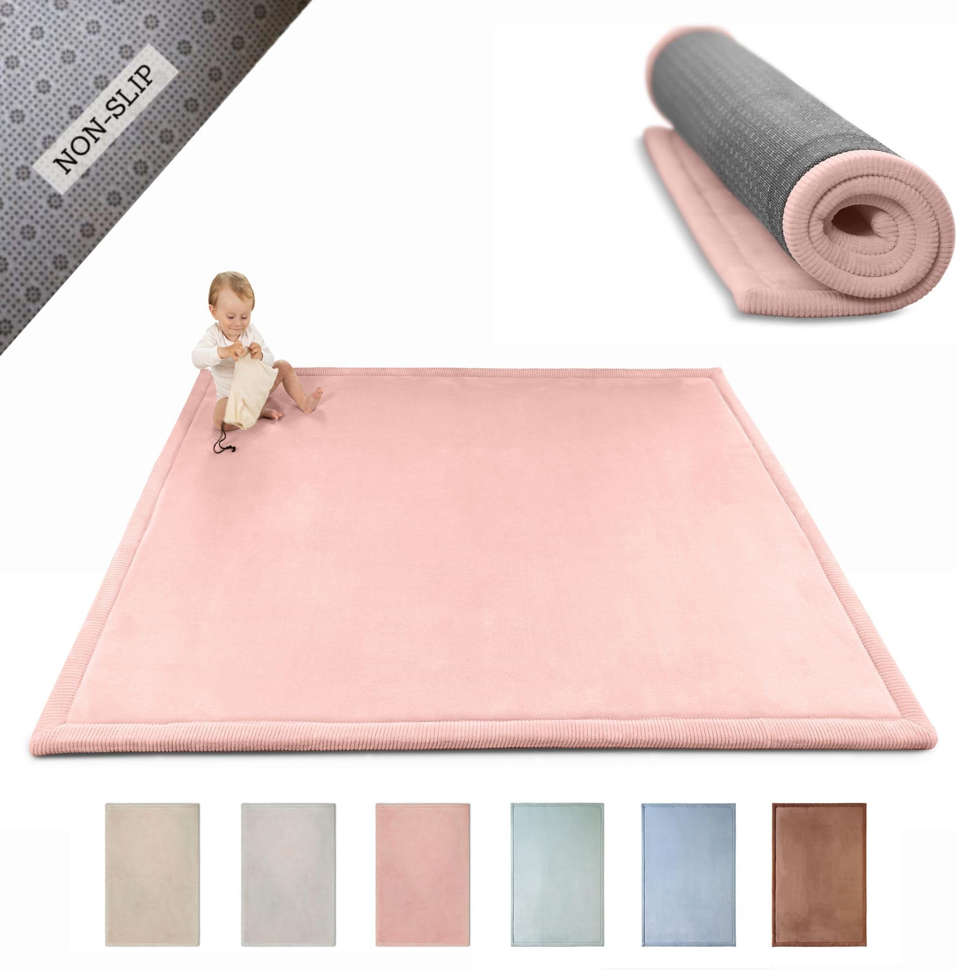 Stylish Coral Velvet Baby Play Mat 60" x 80" Pink – Soft 1" Thick High-Density Memory Foam Nursery Rug – Playmat for Floor with Non-Slip Backing for Crawling & Playing – Non-Toxic, odorless Area Rug