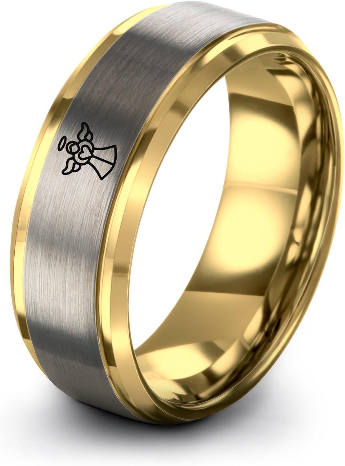 Angel Holding Heart Ring - Gift for Spiritual Person - Tungsten - 8mm - Flat Dome Bevel - Yellow Rose Gold Silver - Personalized Custom Engraving - Men Women - Band - Anniversary Wedding - Brushed Pol