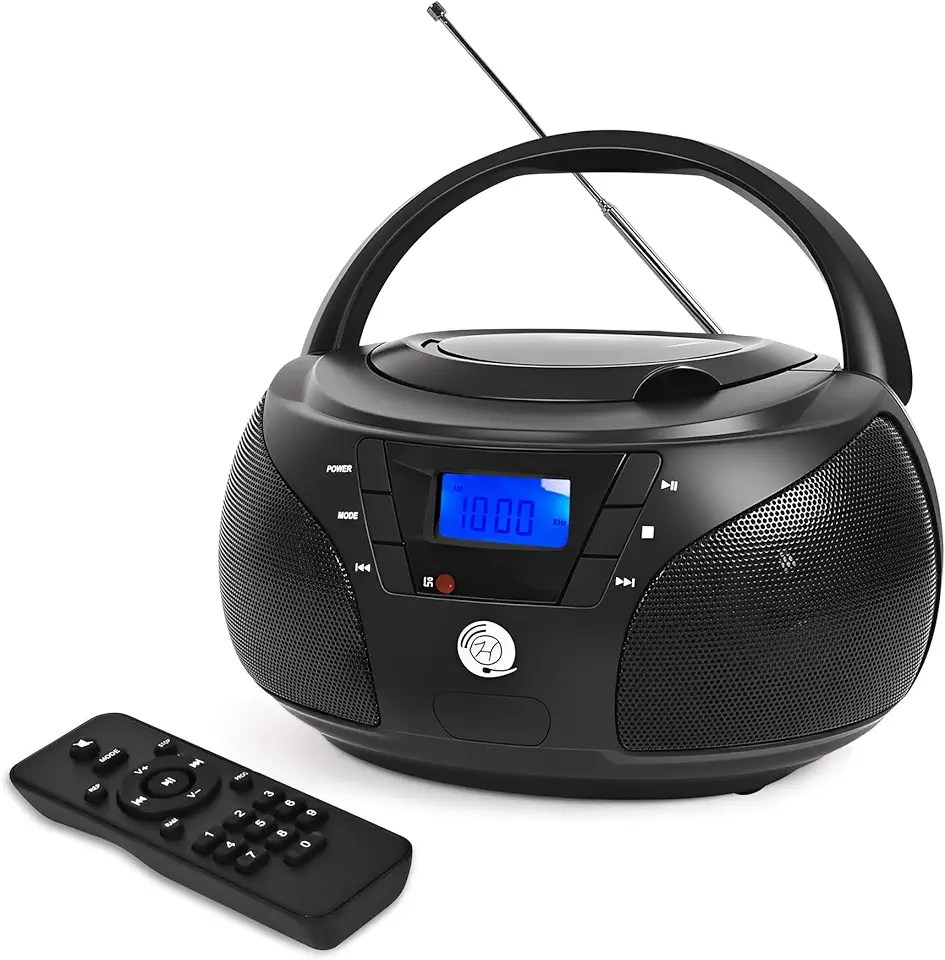Boombox portátil de CD Player com Bluetooth, rádio FM, reprodução USB, som estéreo, controle remoto, sistema de música estéreo doméstico para idosos e reuniões de família (preto)