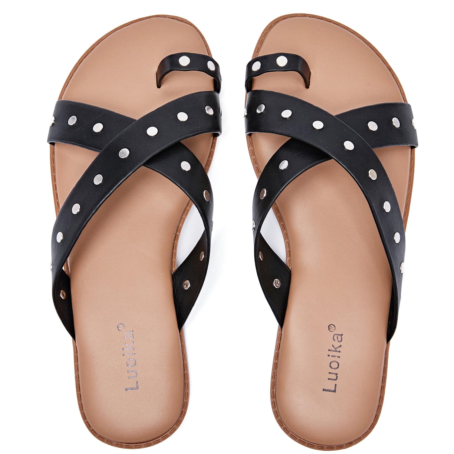 Luoika Women's Wide Width Flat Sandals, Flip Flop Slides Sandal Casual Strapy Sandal Slip on Summer Beach Shoes for Women.