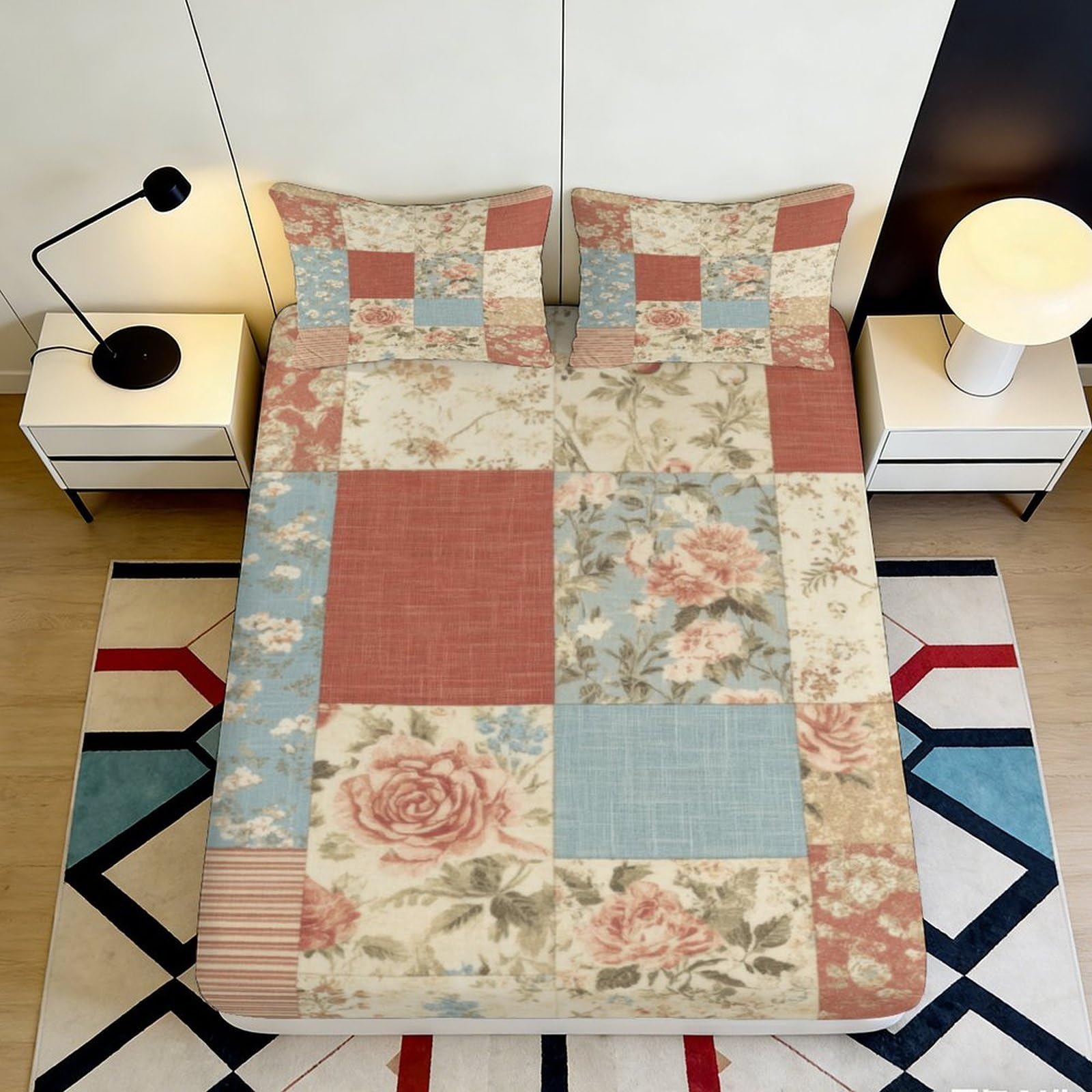 3D Printed Patchwork Floral Fitted Sheet Microfiber Deep Pocket Non-Slip Bedroom Bedding Patchwork Floral Mattress Fitted Cover Machine Washable 120x200x25cm