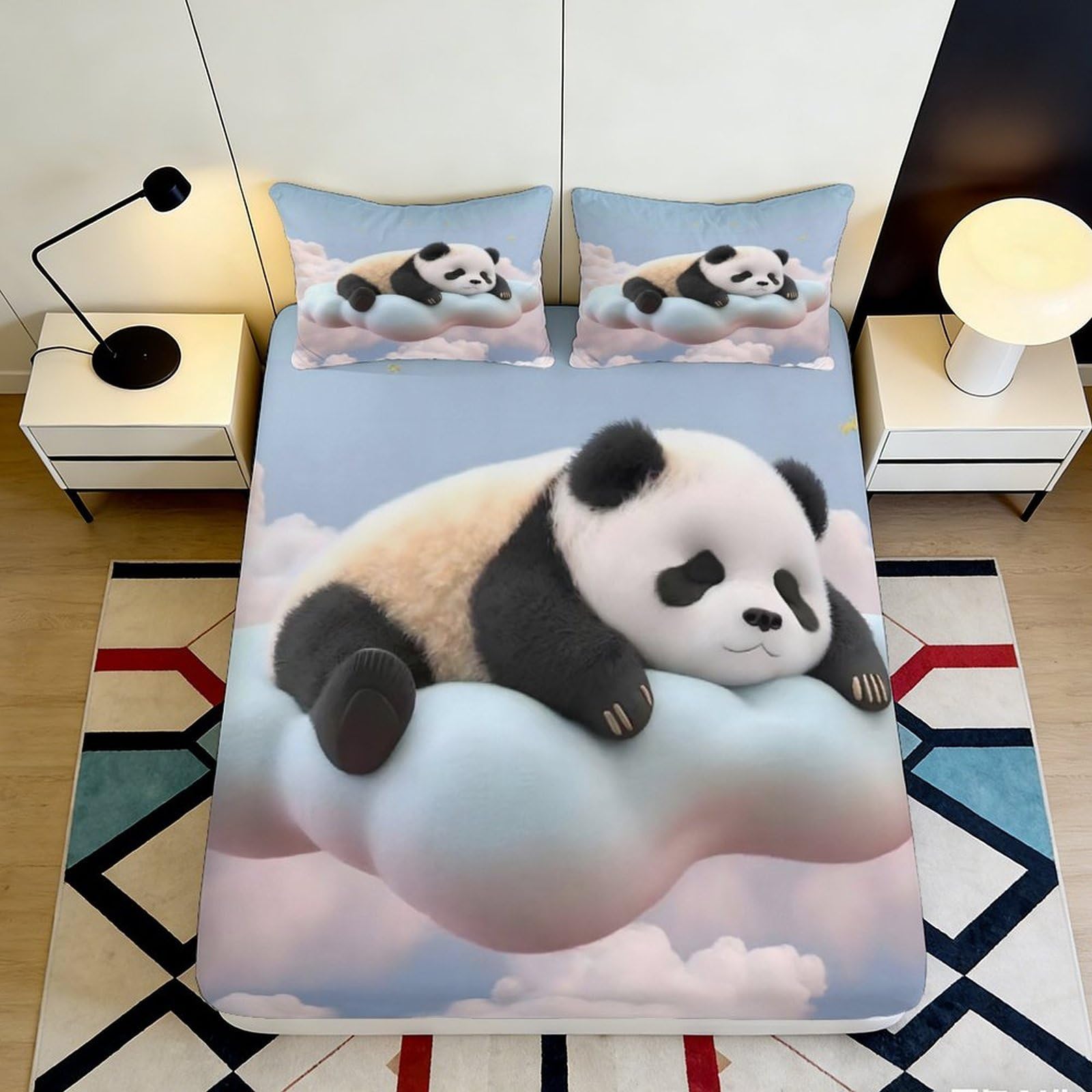 3D Printed Dreamy Panda Fitted Sheet Microfiber Soft Breathable Cloud Mattress Cover for Bedroom Dorm Decor 90x200x25cm