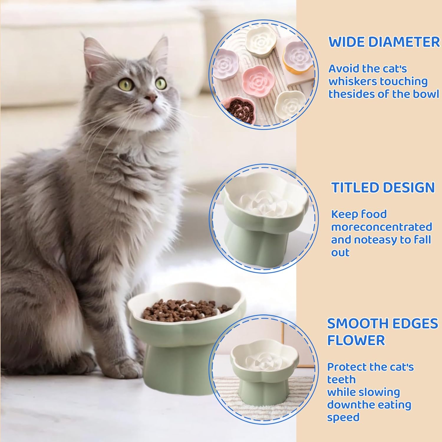 Ceramic Elevated Slow Feeder Cat Bowl,Anti Vomit Design for Whisker Fatigue Relief,Elevated Slow Feeder Bowls for Indoor Cats&Small Breeds,Perfect for Wet Food&Small Dogs (4, White)