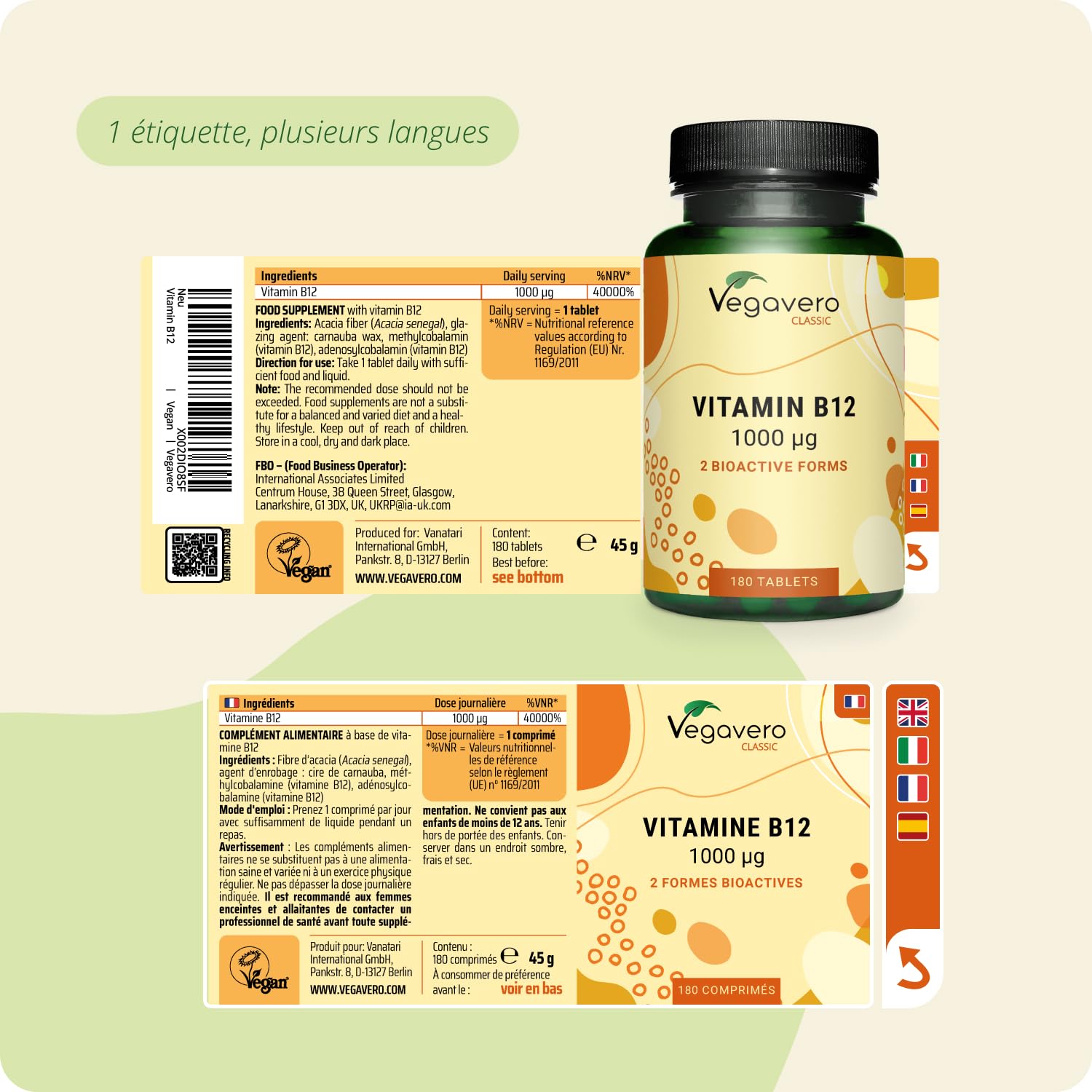 Vitamine B12 Vegan 1000 µg | Testé en Laboratoire & Sans Additifs | Avec 2 Formes : Méthylcobalamine + Adénosylcobalamine | Anti Fatigue + Equilibre Nerveux | Vegavero®