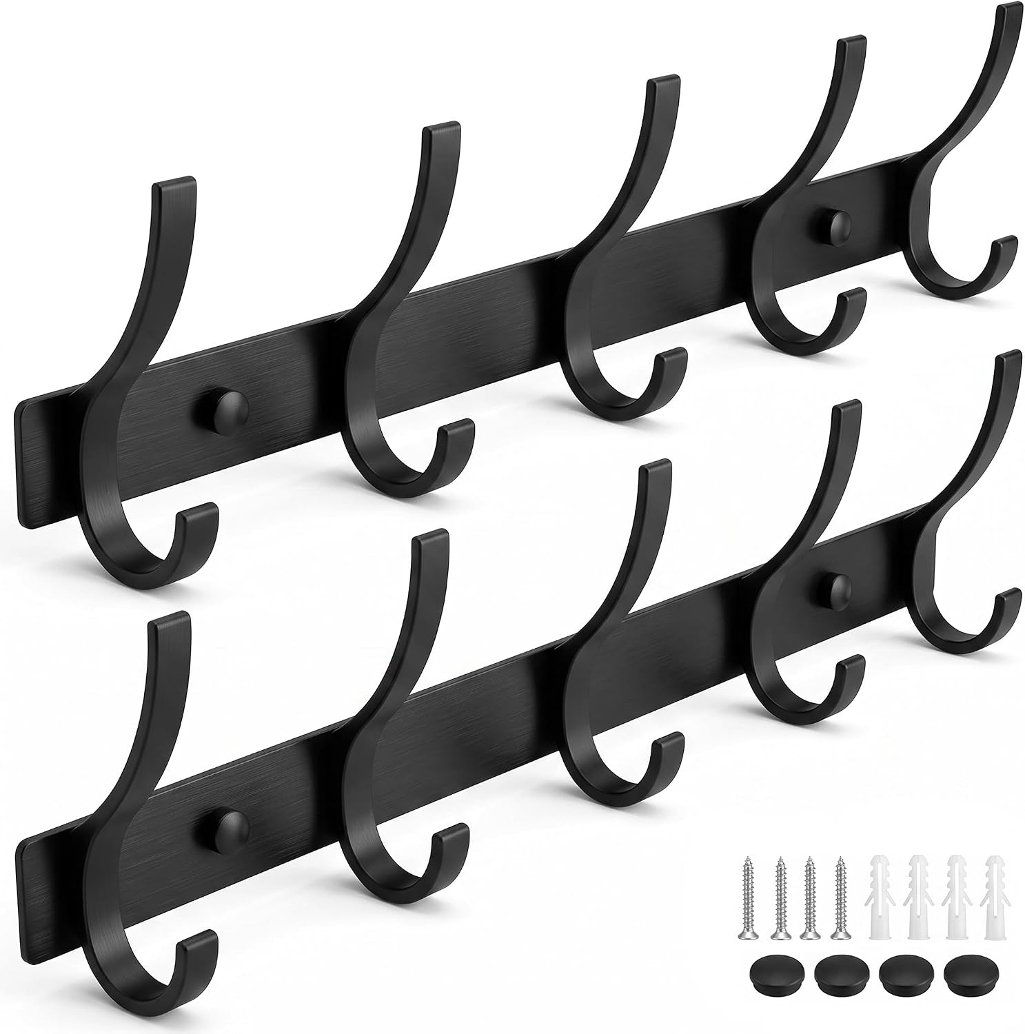 Coat Rack Wall Mounted,5 Coat Hooks for Hanging Coats,Heavy Duty Metal Double Hook Rack Hook Rail,Coat Rack with Hooks,Wall Mount Coat Hanger for Hat Towel Purse Robes (2 Pack White, 5 Hooks)