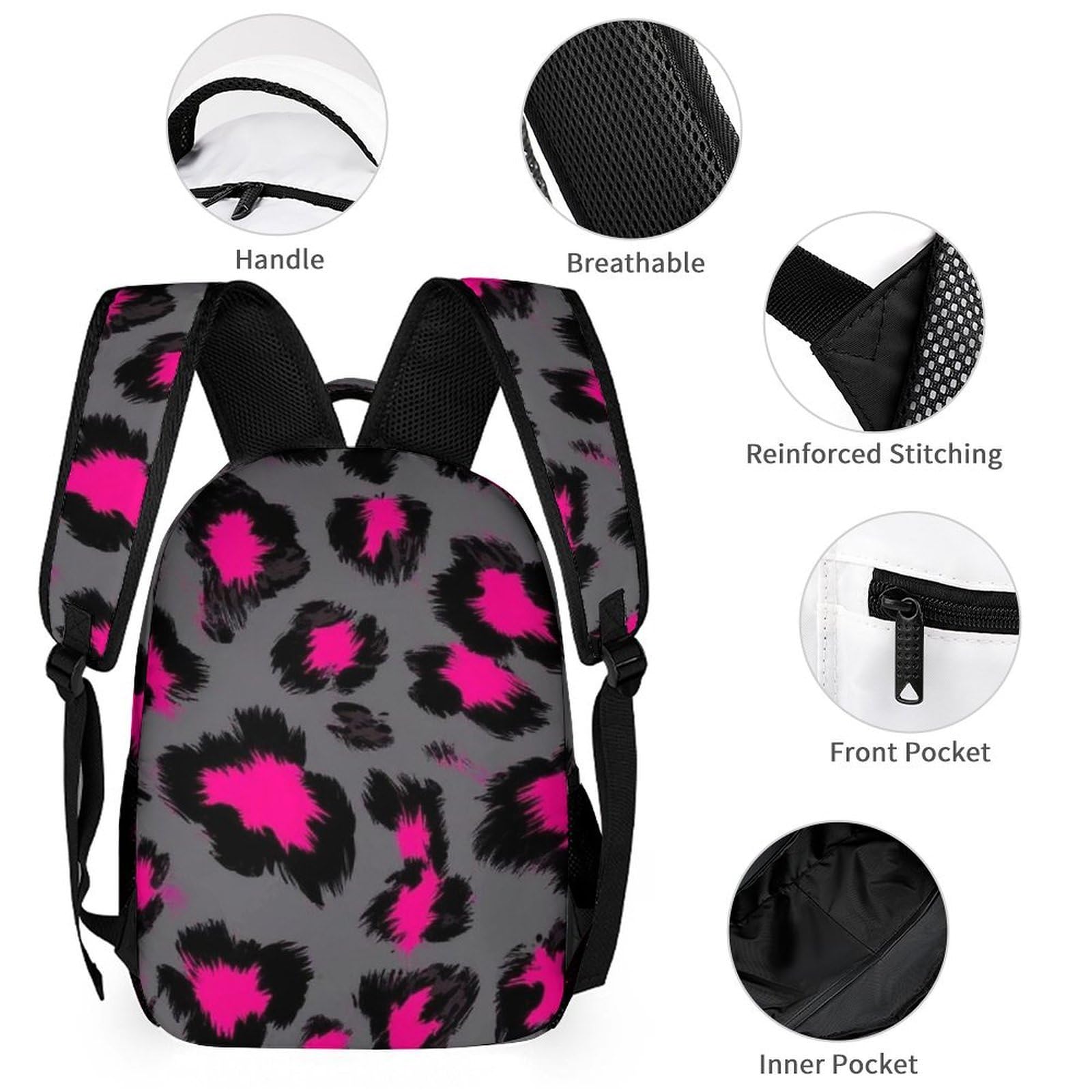Sac à dos léger avec boîte à lunch, trousse de maquillage et rangements (Rose luxueux, Gris foncé, L)