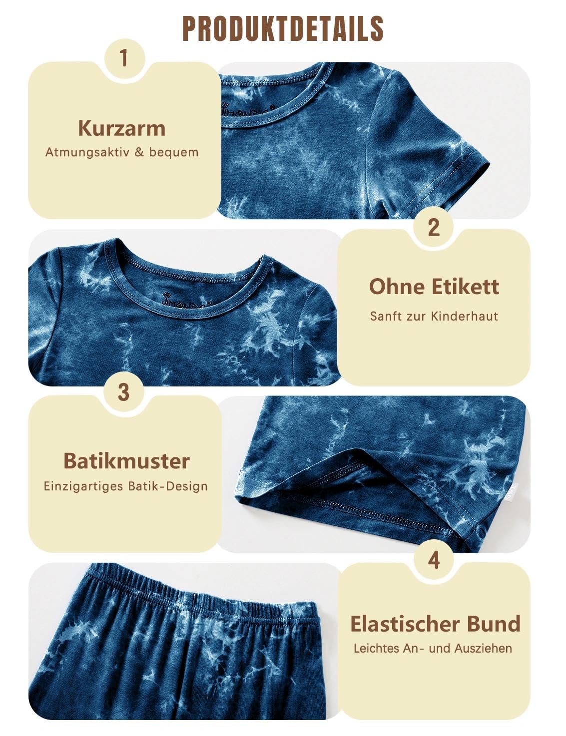 Jimonda Schlafanzug Jungen Kurz Zweiteilig Pyjama Set Weich Kinder Nachtwäsche Batikdruck Schlafanzüge für Jungen 6-14 Jahre