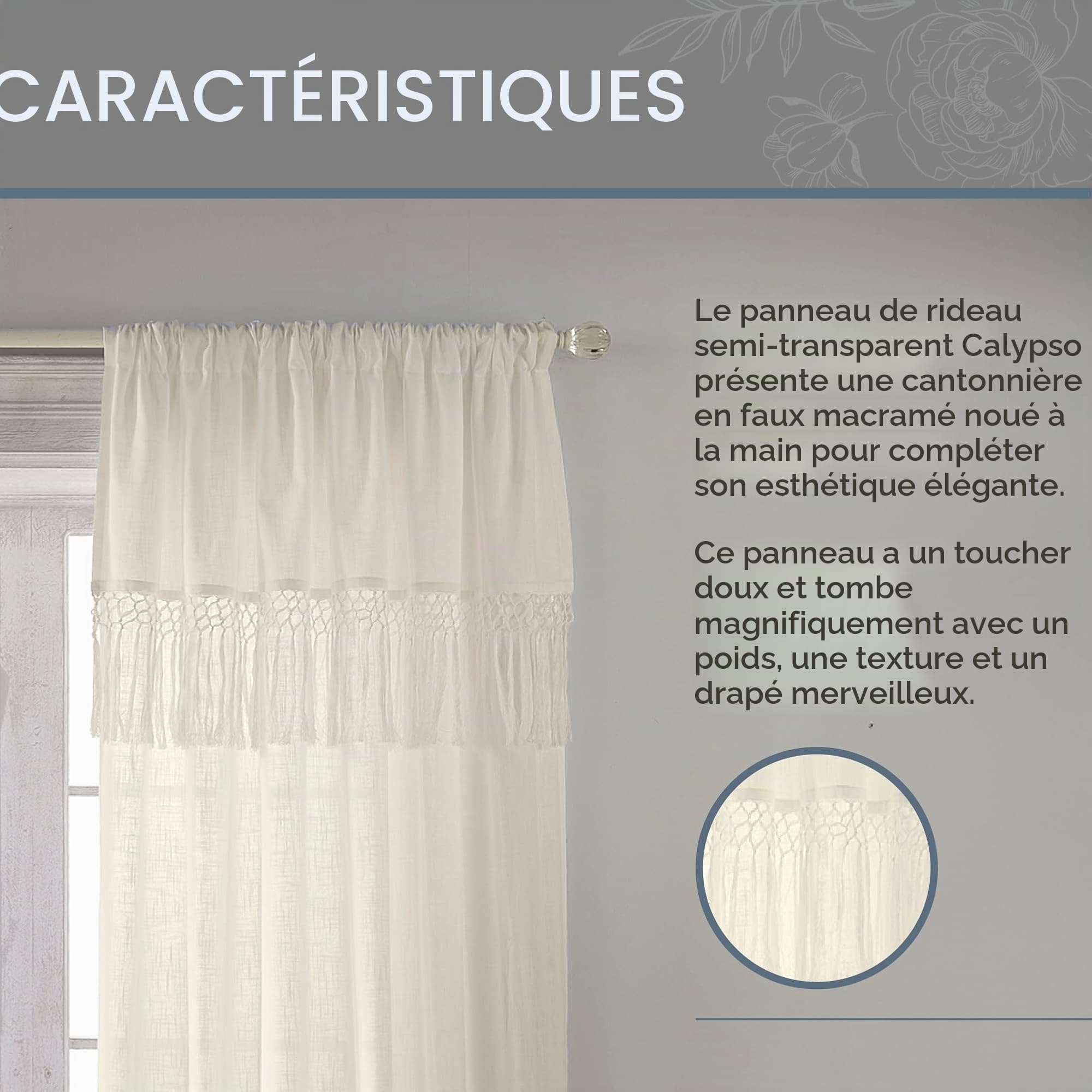 Elrene Home Fashions Rideau de fenêtre Semi-Transparent à Pompons en macramé, Ivoire, 132,1 cm de Large x 241,3 cm de Long (Lot de 1)