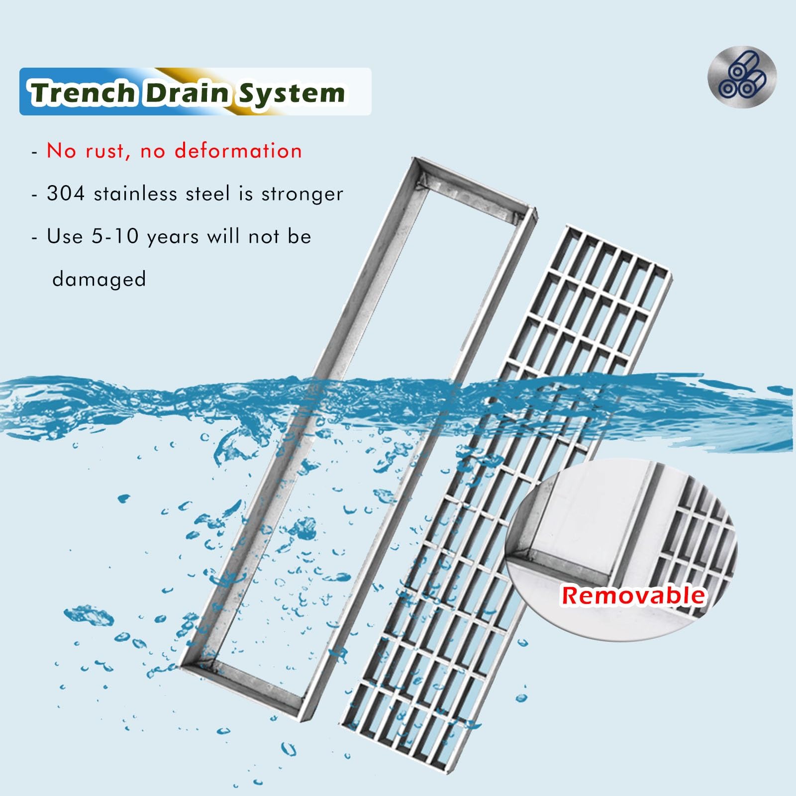 Kit di drenaggio a Canale per Pavimenti in Cemento, Confezione da 2-6 Pezzi, in Acciaio Inox con Griglie, Ideale per Giardino, parcheggio e terrazza, Dimensioni 100x10 cm (39,4x4 Pollici) -