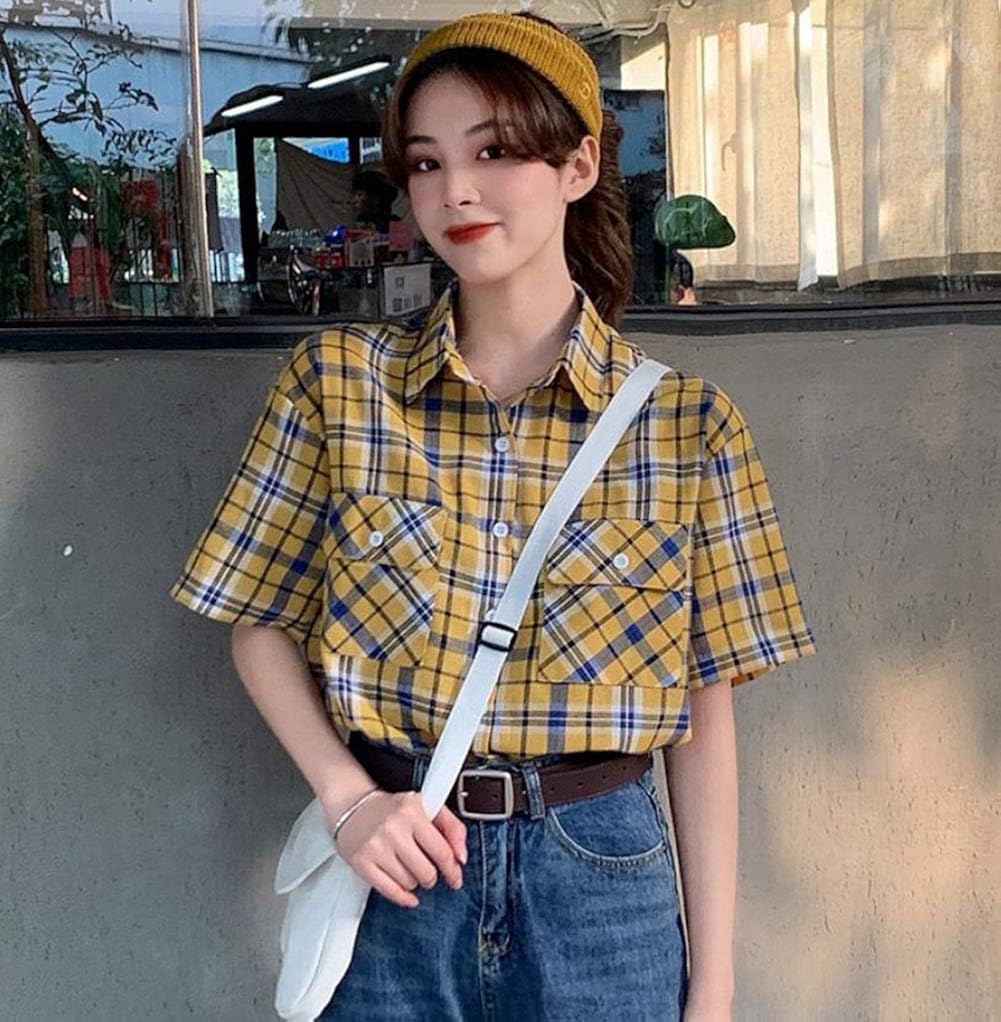 Amazon Shuming チェックシャツ レディース 半袖 シャツ チェック柄 ブラウス 韓国 トップス ファッション 原宿系 夏服 かわいい 通学 黄色 Freeイエロー シャツ ブラウス 通販