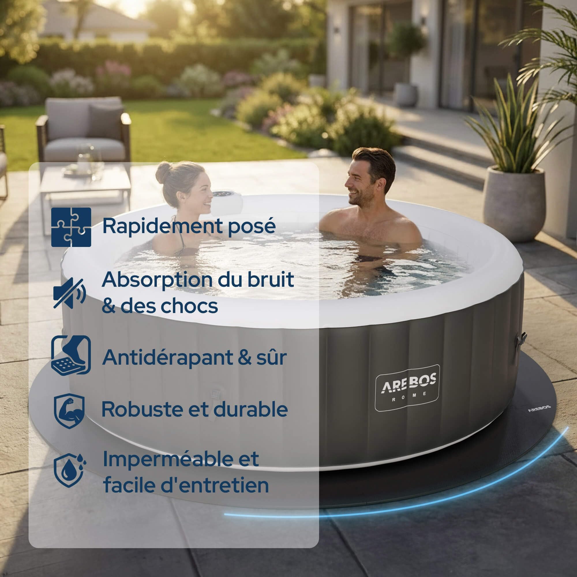 AREBOS Tapis de Protection Rond Ø 200 cm pour Piscine et Spa | Tapis Puzzle Isolant et antidérapant | Protection pour extérieur & Whirlpool Gonflable