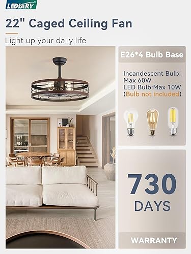 Miniatura 13 de LEDIARY Ventilador de techo enjaulado Fandelier de 20 pulgadas con luz, ventilador de techo sin aspas con control remoto, pequeñas luces de Negro y